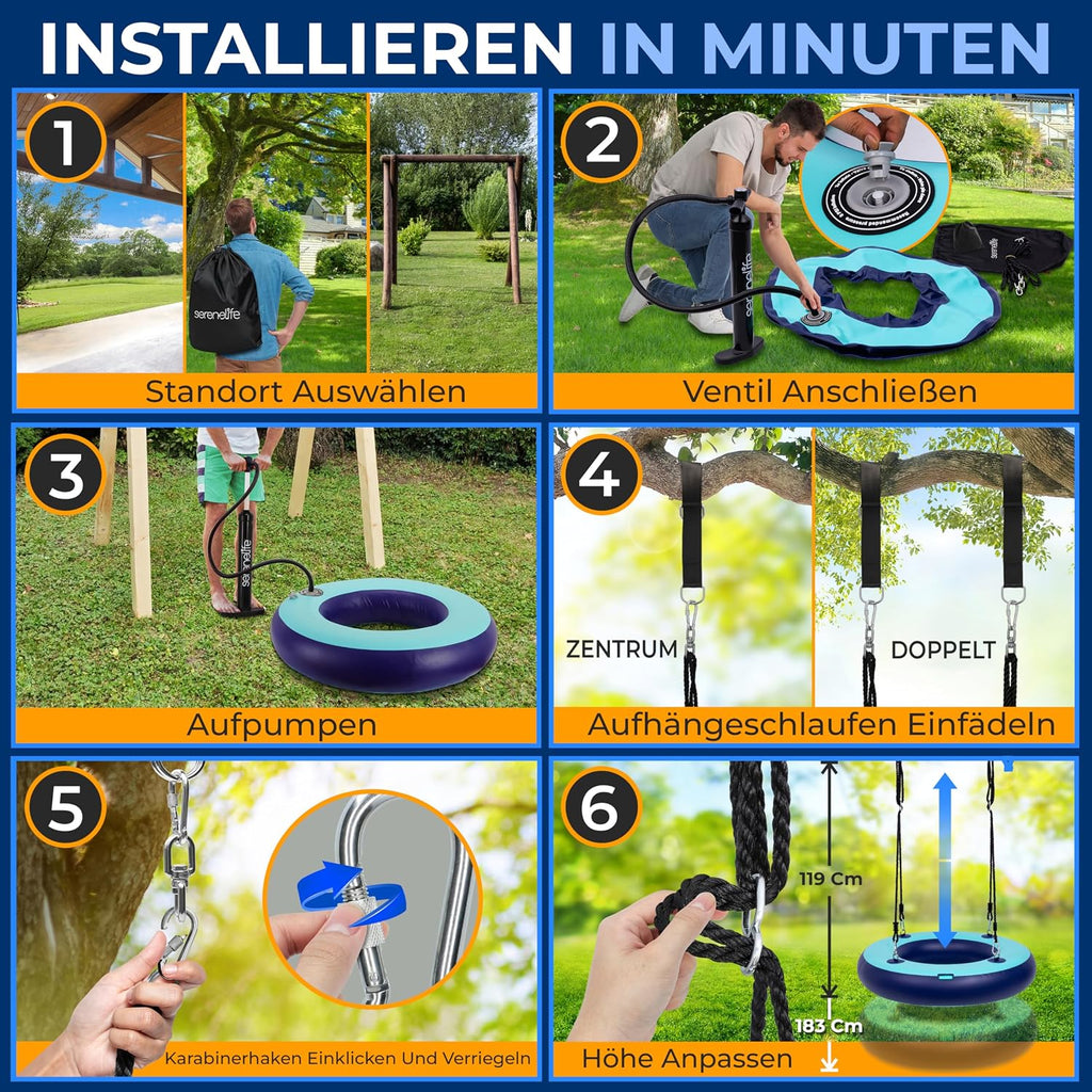 SereneLife 36' Inflatable Tire Swing with Hang Kit, 600lbs Capacity Heavy Duty Tire Swing with UV and Puncture Resistance, 360 Swivel, Hand Pump, Adjustable Ropes, Carry Bag, Hangs on Trees and Posts