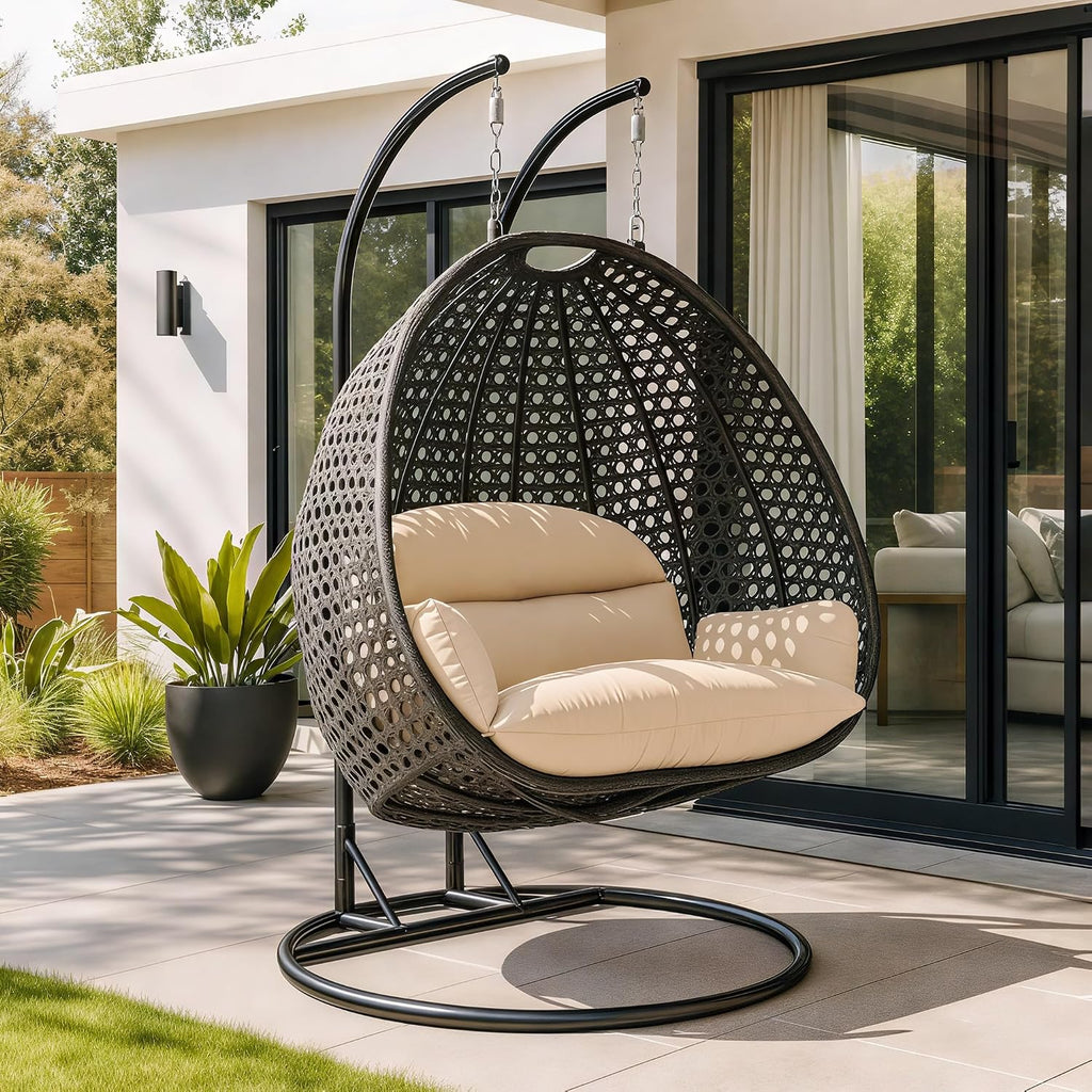 LeisureMod 2-Person Hanging Egg Chair with Stand, Dark Grey Cushions, Indoor Outdoor Wicker Patio Swing, Lounge Hammock Seat for Bedroom, Garden, Porch, Heavy-Duty Steel Frame (Cream)