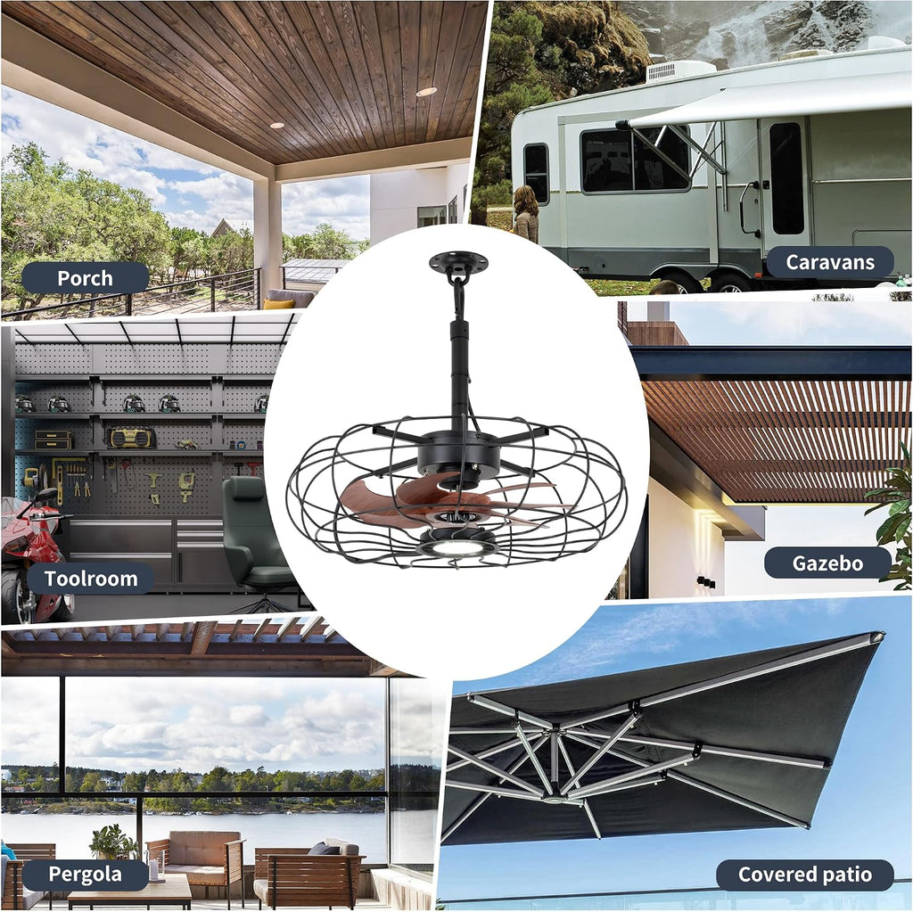 20' Outdoor Ceiling Fan with Light, With Remote and App Remote, IP65 Waterproof Gazebo Hanging Fan, 3CCT Dimmable, Portable Plug in Ceiling Fan with Cord Hook for Patio Porch Pergola Indoor(Black)