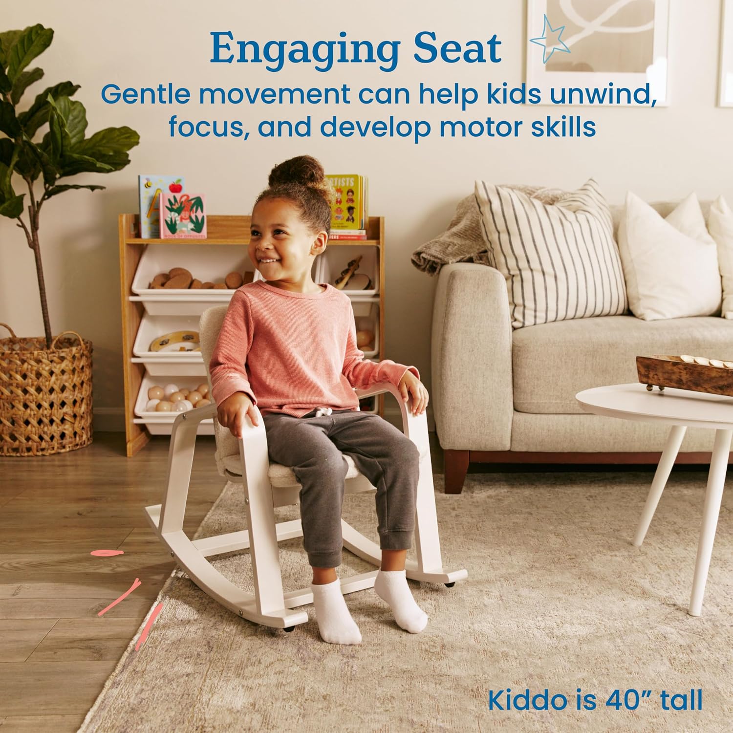 ECR4Kids Bentwood Reading Rocking Chair with Armrests and Cushion, Montessori Furniture, White Wash