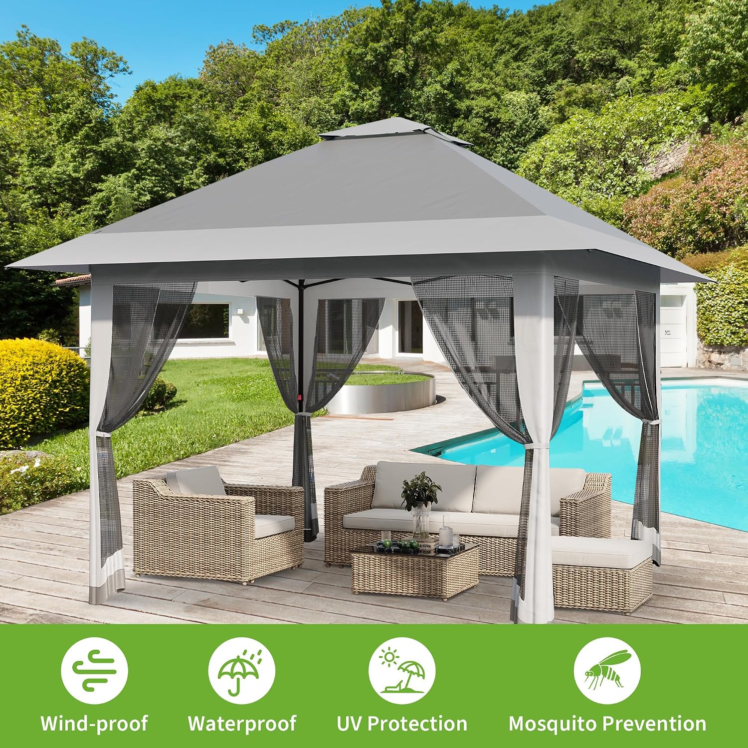 13x13FT Pop Up Gazebo with Mosquito Netting, Outdoor Canopy Tent with Double Roof, Folding Gazebo for Patio, Backyard, Garden, Camping, Party, Wedding, Adjustable Height Green