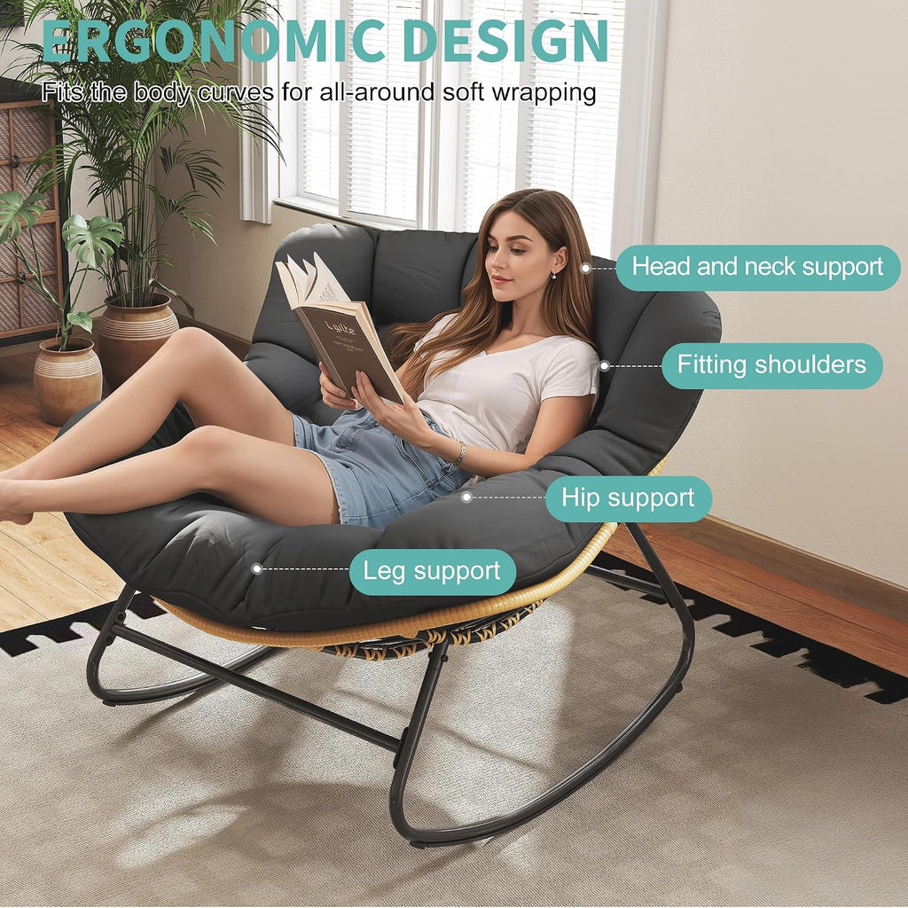 Fancyango Oversized Egg Rocking Chair for Indoor/Outdoor – All-Weather Wicker Rattan Lounge Chair with Cushion, Patio Rocker for Porch, Garden, or Balcony (Dark Grey1, 37.8' D x 36.6' W x 33' H)