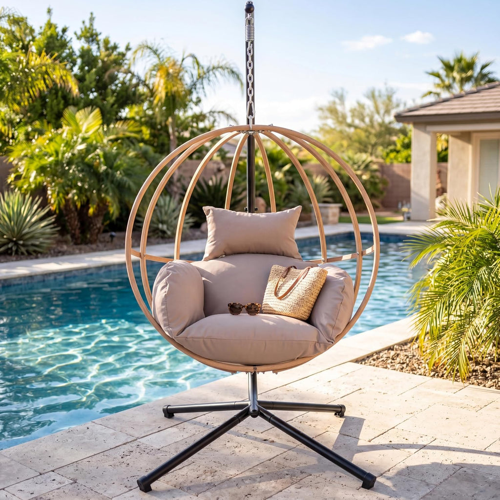 Egg Chairs with Stand, Egg Swing Chair Outdoor, Hanging Swinging Chairs with Stand for Balcony, Swing Egg Chair with Cushion 400LBS Capacity, Brown