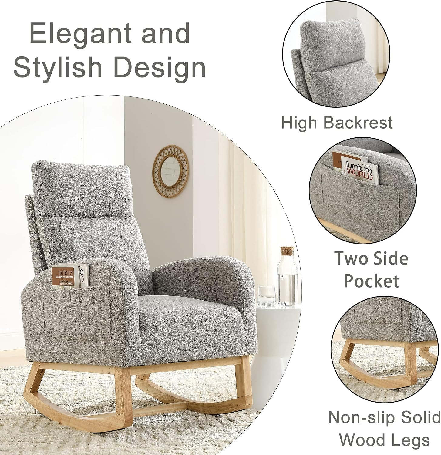 Nursery Rocking Chair with Solid Wood Legs, Glider Chair for Nursery with Two Side Pockets, Rocker Armchair for Living Room Bedroom (Grey, Teddy Fabric)
