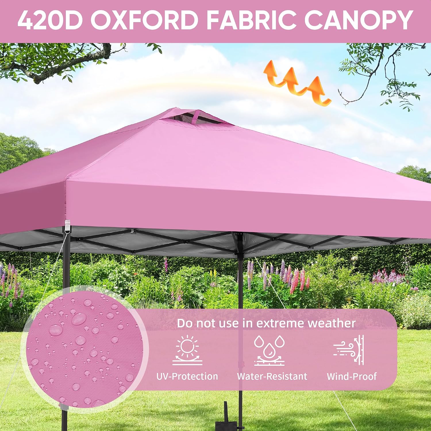 GDY 12x12 Pop Up Canopy Patio Carpas, One Push Set up with Central Lock Canopy with Wheeled Carry Bag, Included 4 Sandbaogs,8 Stakes and 4 Ropes, Pink