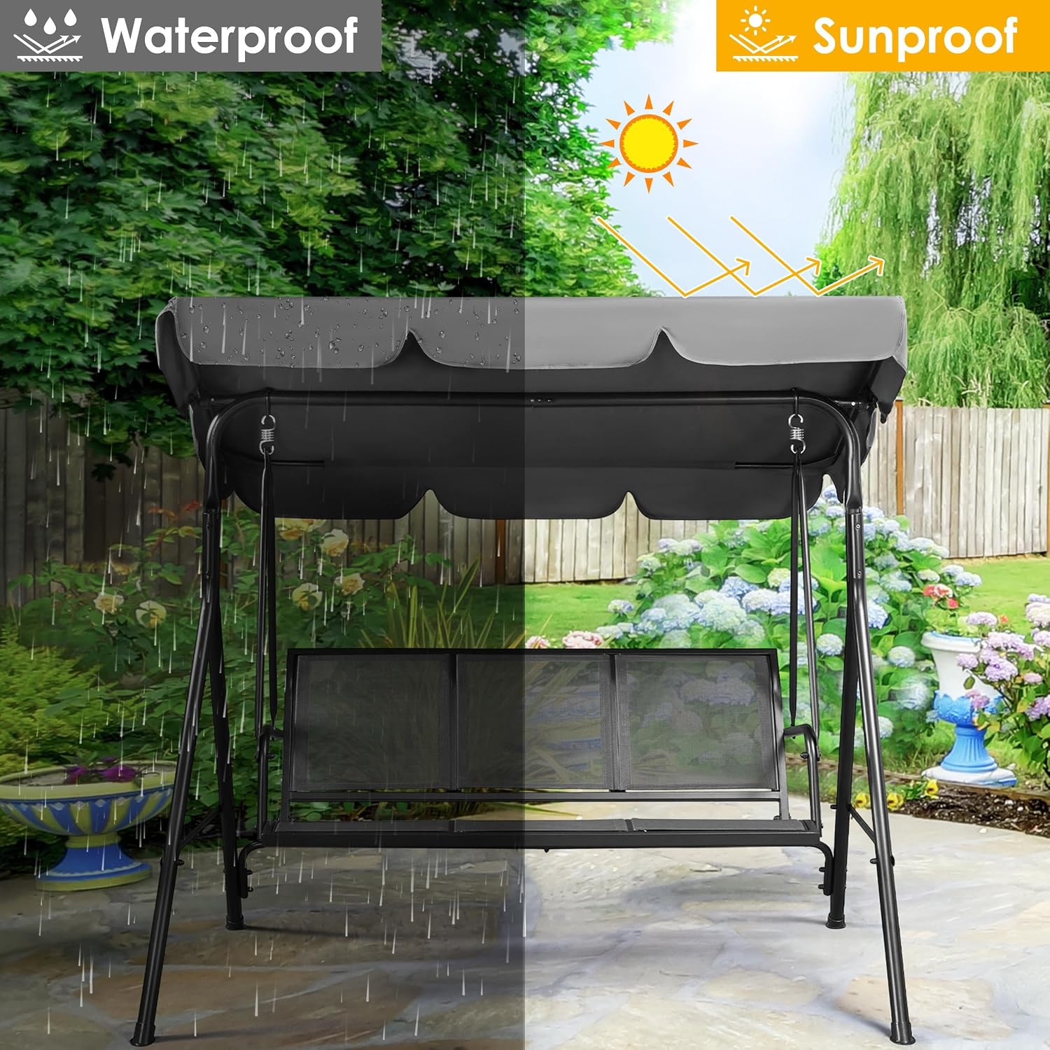 Yaheetech Outdoor Patio Swing Chair, 3-Seat Patio Sunset Hanging Swing Glider w/Adjustable Canopy & Texteline Fabric & Armrests, Outdoor Love Seat Bench for Patio/Garden/Yard/Porch, Gray