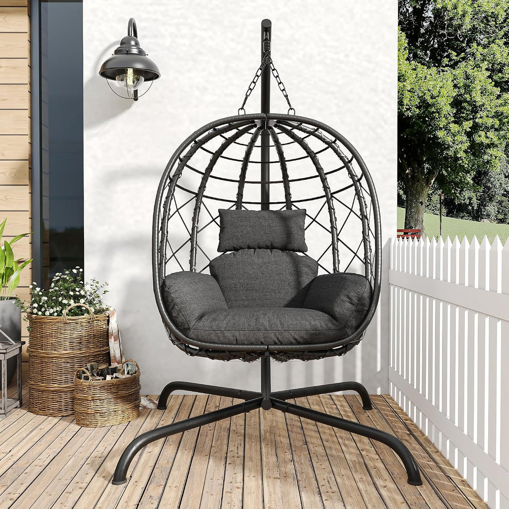 Hanging Egg Chair with Stand Patio Wicker Rattan Swing Chair Hammock Egg Chair for Indoor & Outdoor 400lbs Capacity with Thickened Cushion for Bedroom Balcony Garden