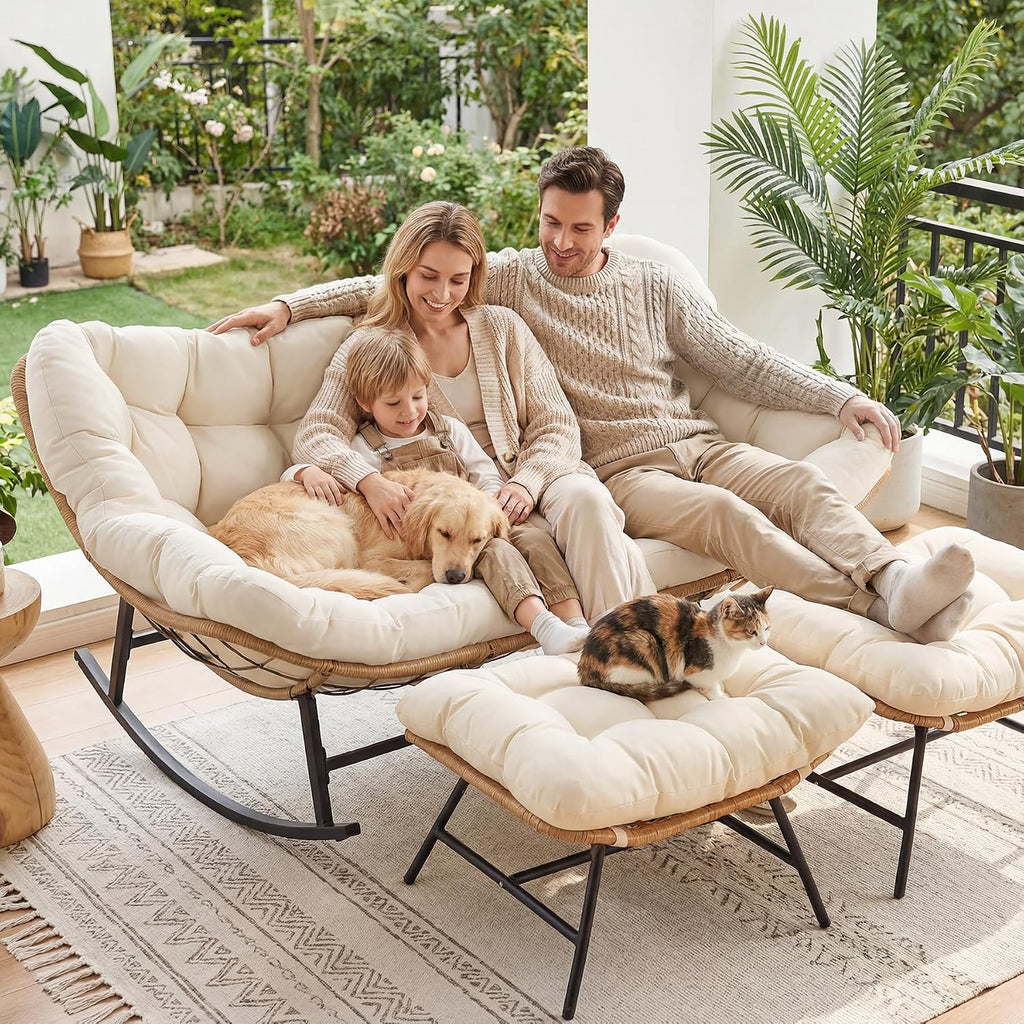 RADIATA Double Egg Rocking Chair with Ottomans, Heavy Duty Papasan Lounger Chairs with Comfy Cushion and Footrest, 2 Person Indoor Outdoor Rocker Loveseat for Patio Balcony Backyard, Beige