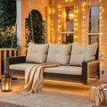 DWVO LED 3-Seat Patio Porch Swing, Outdoor Wicker Hanging Porch Swing Chair Bench Rattan Chair with LED Lights & Soft Cushions for Outside, Garden, Backyard, Lawn, Light Brown & Beige