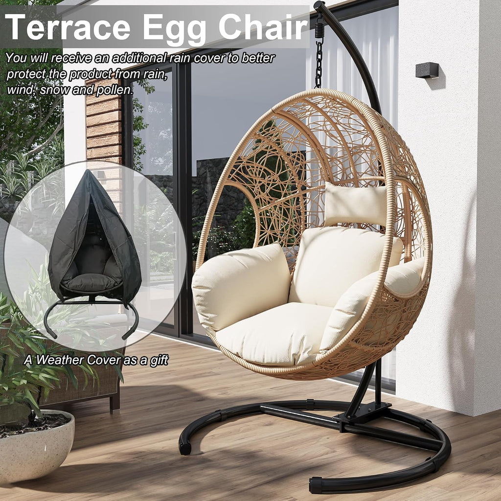 Hanging Egg Chair with Stand - Egg Swing Chair Outdoor Indoor Patio Wicker Chair Swing Hammock Egg Chairs 400lbs Capacity for Outside Patio, Bedroom, Garden and Balcony (Beige-nest, 2P)