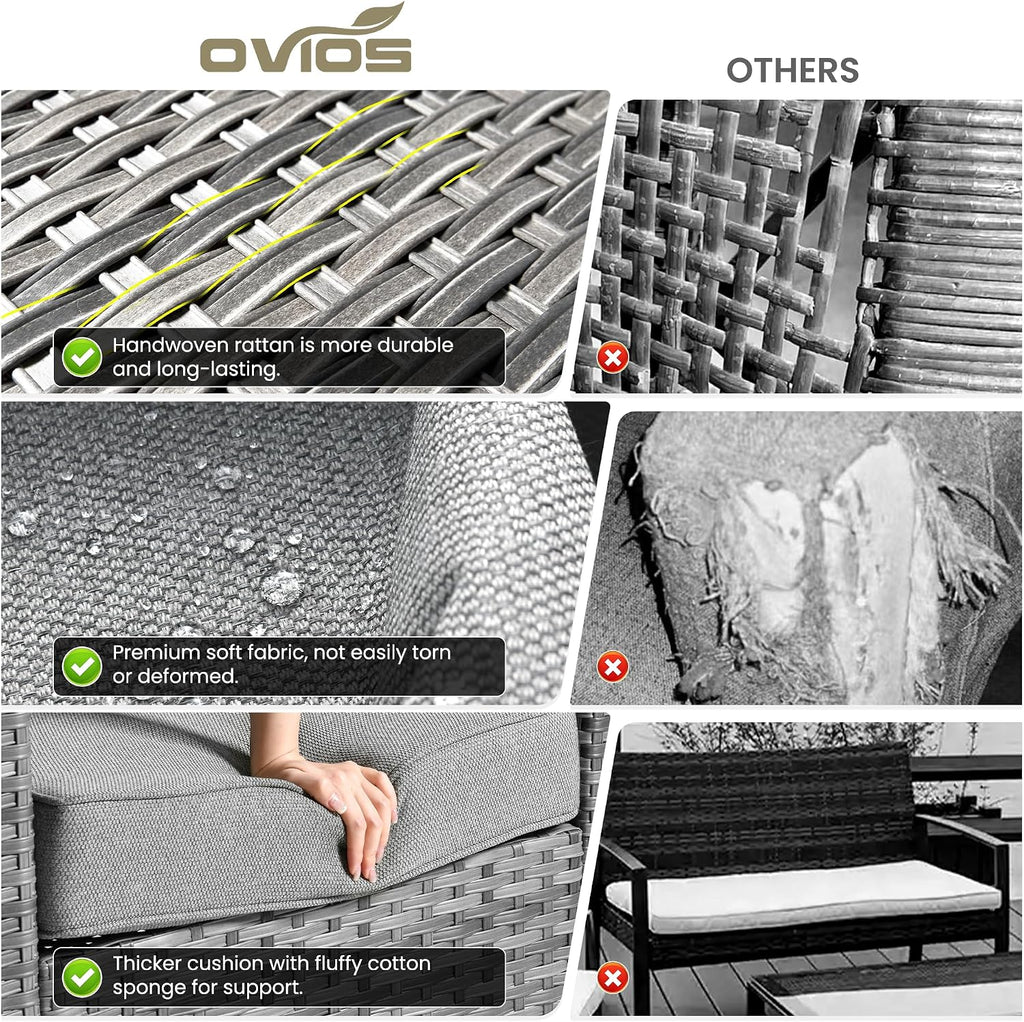 ovios 7-Pieces Patio Furniture Set, Outdoor Wicker Sofa Couch with Swivel Glider Chairs Loveseat Comfy Cushions Modern Conversation Set for Backyard Porch, Dark Grey