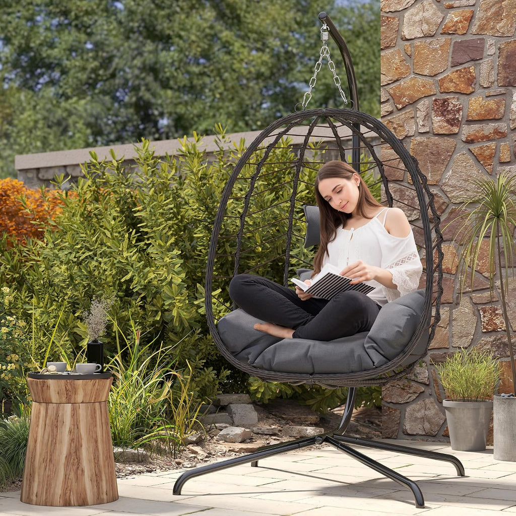 LEX CRAFT Egg Chair with Stand, Patio Wicker Hanging Chair, Hammock Swing Chair, 350LBS Capacity for Bedroom, Balcony, Garden(BR-GR)