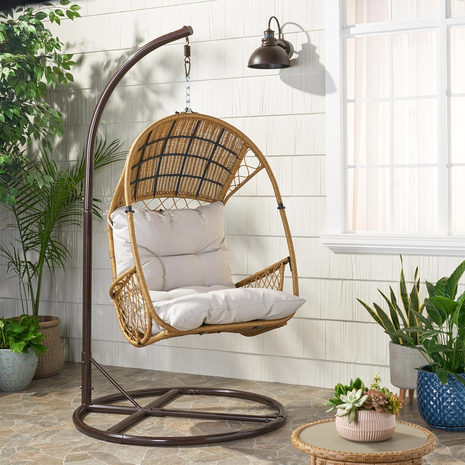 GDFStudio Outdoor Wicker Hanging Chair with Stand,Egg Swing Hammock Chair, Indoor Outdoor Wicker Egg Chair with Cushion for Patio Bedroom Porch Garden,400Lbs Capacity,Light Brown, Brown, and Beige