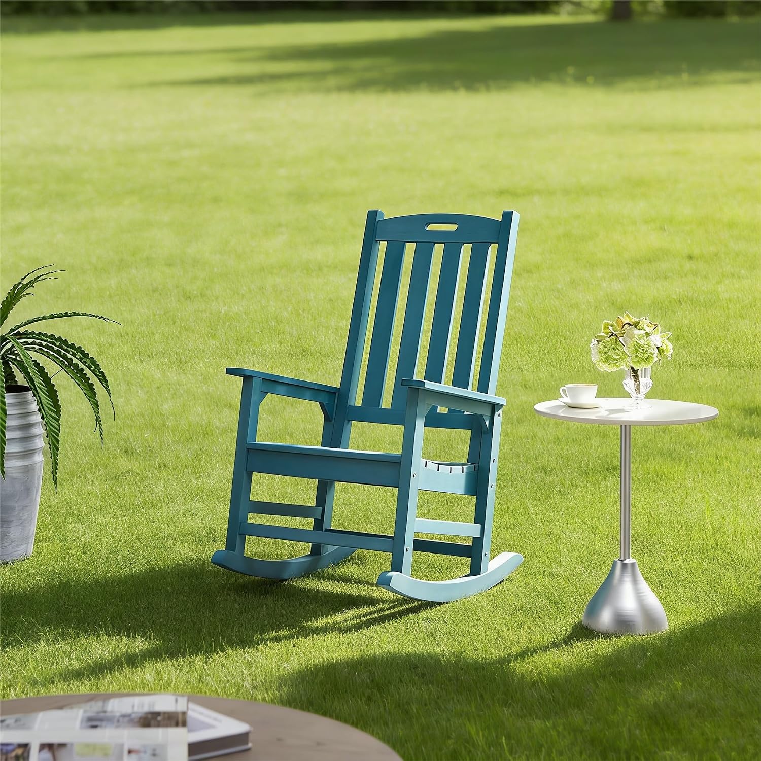 Psilvam Oversized Outdoor Rocking Chair Set of 2, Porch Rocker with 21' Wide Seat and 32' Tall Backrest, Pre-Assembled with Most Components for Effortless Installation (Blue)