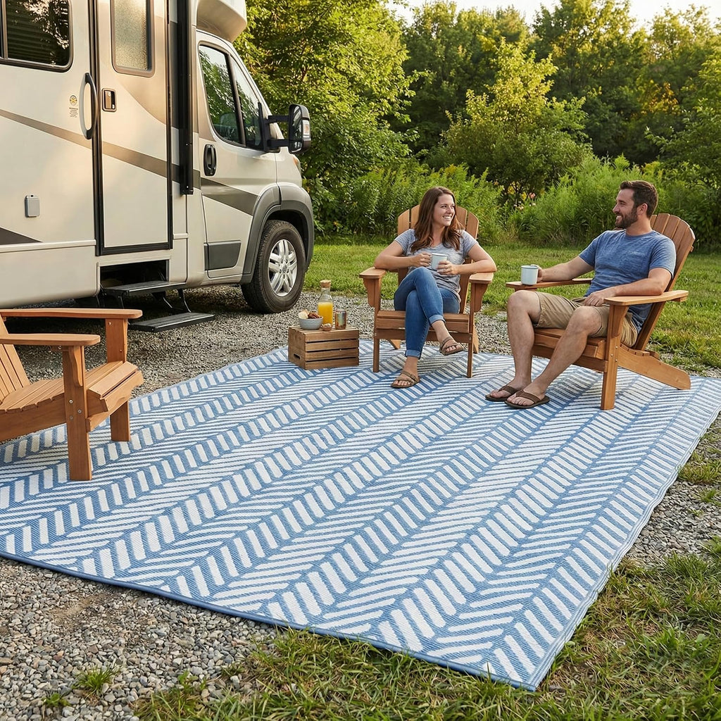 FH Home Outdoor Camping Rug - Waterproof, Fade Resistant, Reversible - Premium Recycled Plastic - Herringbone - Large Patio, Deck, Sunroom, RV - Fresno - Light Blue - 9 x 18 ft Foldable
