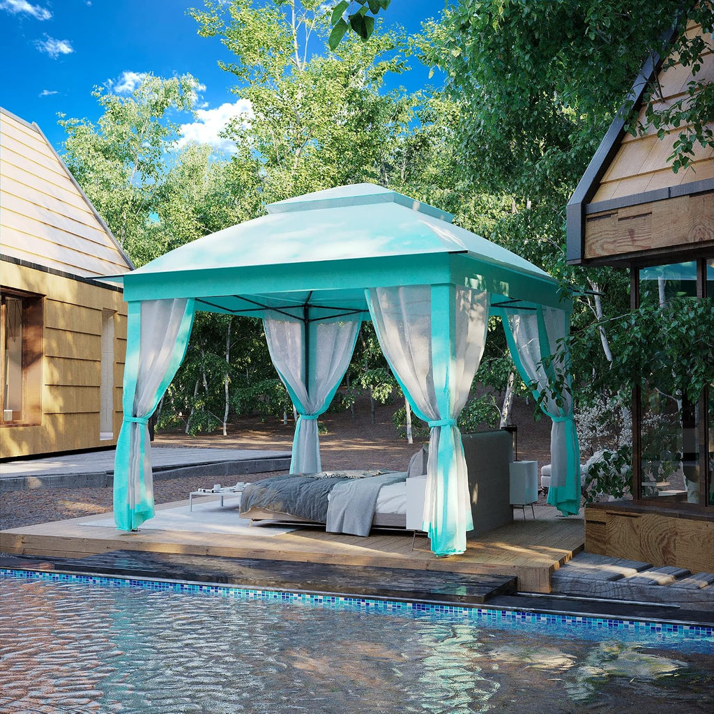 11'x11' Pop Up Gazebo for Patios Canopy Tent with Sidewalls Outdoor Gazebo with Mosquito Netting Pop Up Canopy Shelter Wedding Tent, Aqua Blue