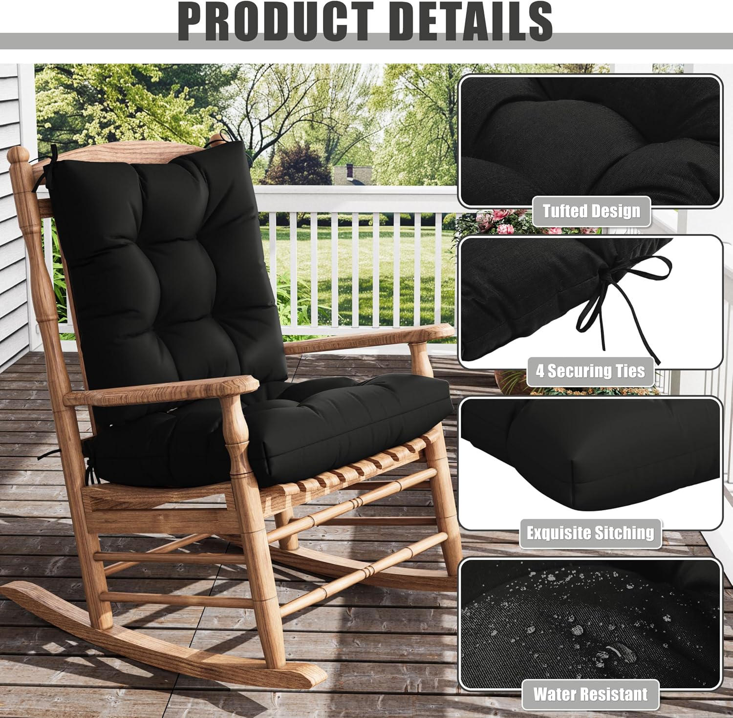 2sets Rocking Chair Cushion Set,Outdoor Patio Chair Cushions,Waterproof and Fade-Resistant Replacement Tufted Pads with Ties for Indoor Outdoor Rocker/Patio/Swing Chair,42 x 21 x 5 Inches