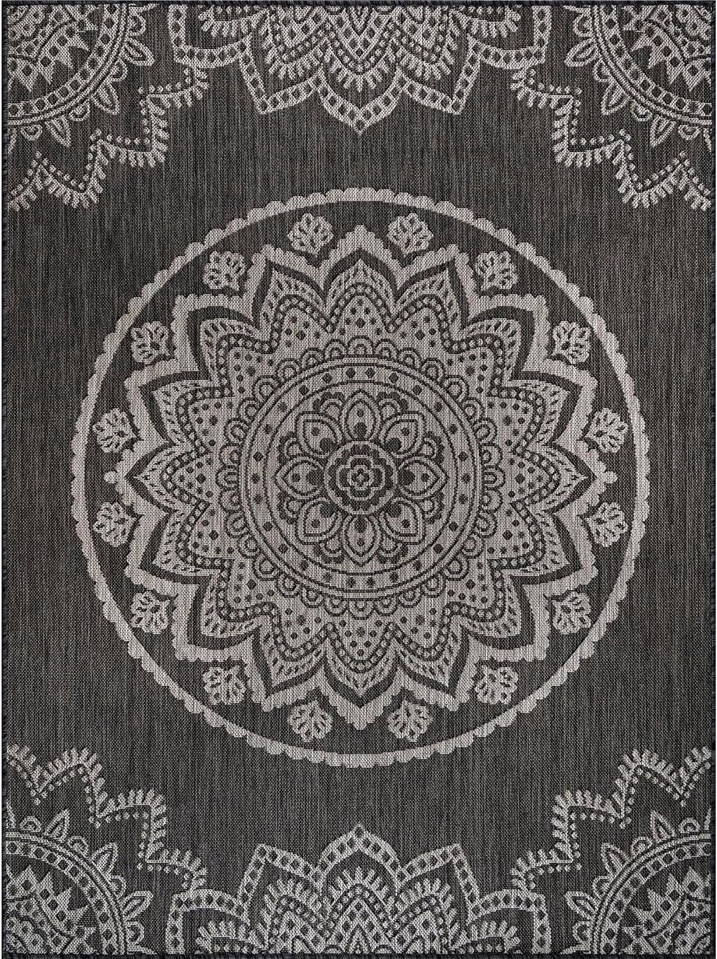 CAMILSON Outdoor Rug 9x12 Modern Area Rugs for Large Indoor and Outdoor Patios and Porches - Washable, Non-Shedding, Easy-to-Clean Outside Carpet (9 x 12, Medallion - Dark Grey/Light Grey)