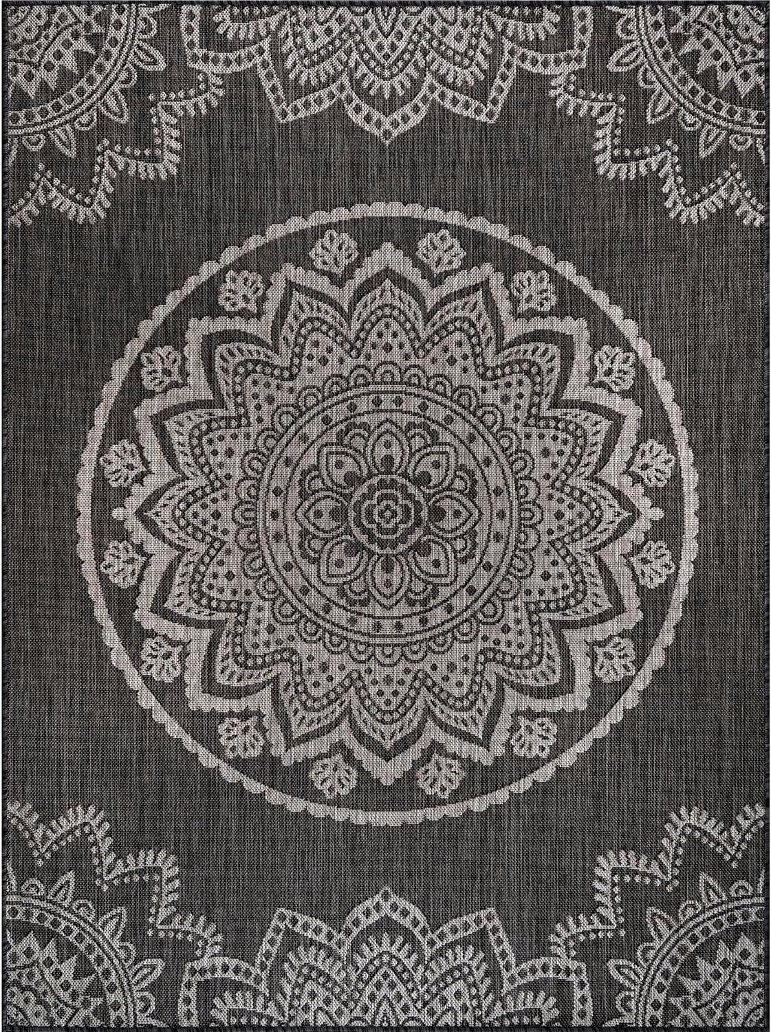 CAMILSON Outdoor Rug 9x12 Modern Area Rugs for Large Indoor and Outdoor Patios and Porches - Washable, Non-Shedding, Easy-to-Clean Outside Carpet (9 x 12, Medallion - Dark Grey/Light Grey)