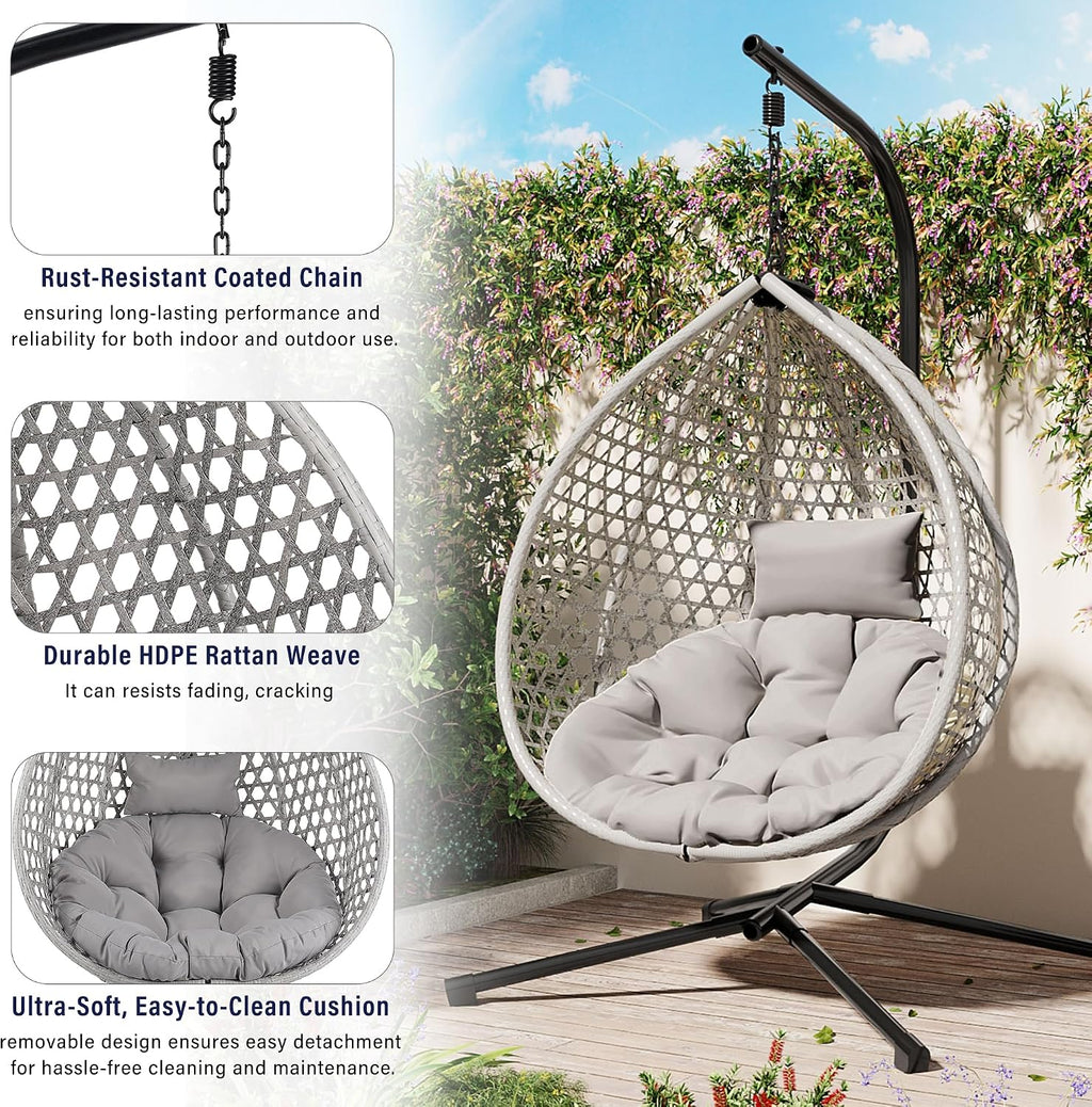 Polibi Hanging Egg Chair with Stand - PE Rattan Indoor Outdoor Swing Chair Heavy Duty 330lbs - Breathable Hollowed Design & Adjustable Headrest - Patio Balcony Garden Lounger,Gray+Gray