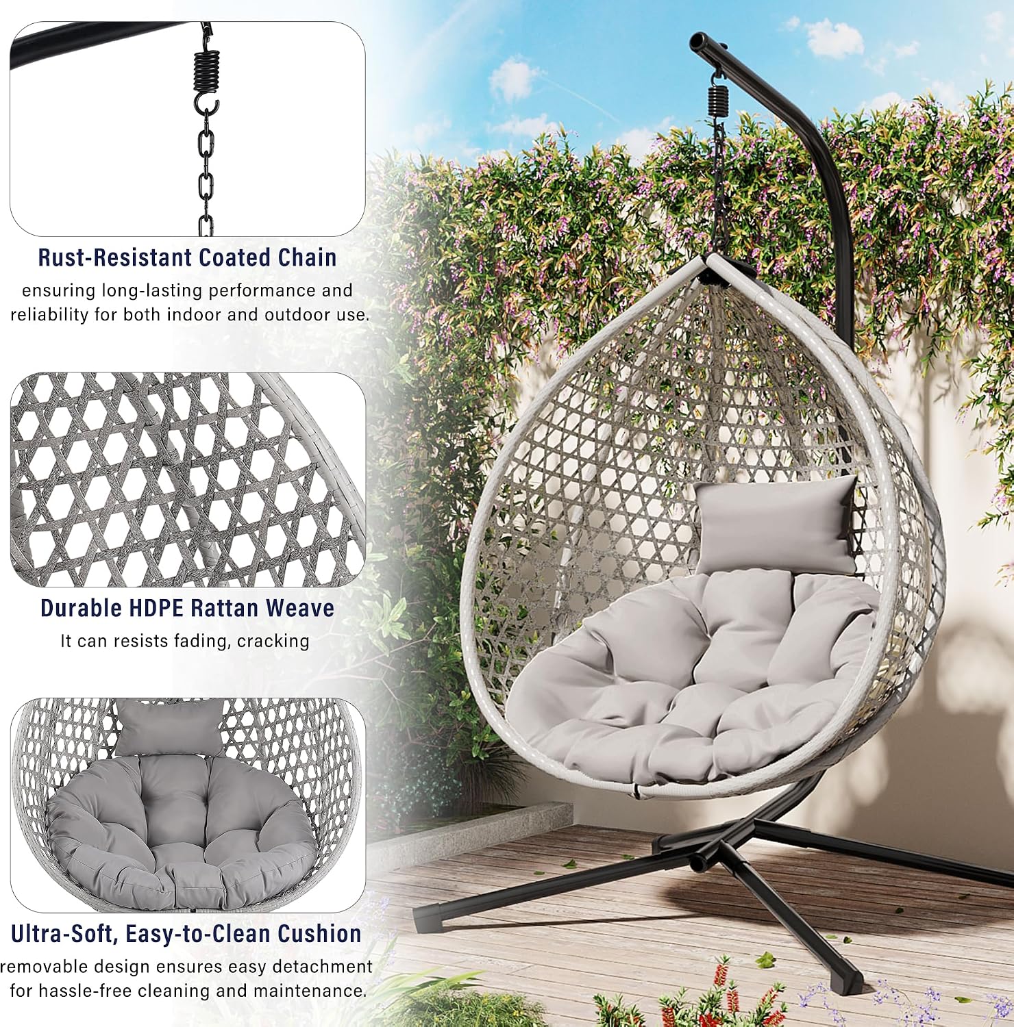 Polibi Hanging Egg Chair with Stand - PE Rattan Indoor Outdoor Swing Chair Heavy Duty 330lbs - Breathable Hollowed Design & Adjustable Headrest - Patio Balcony Garden Lounger,Gray+Gray