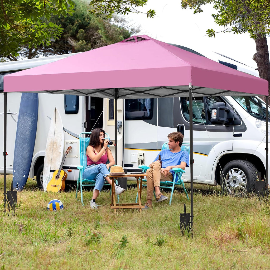 GDY 12x12 Pop Up Canopy Patio Carpas, One Push Set up with Central Lock Canopy with Wheeled Carry Bag, Included 4 Sandbaogs,8 Stakes and 4 Ropes, Pink