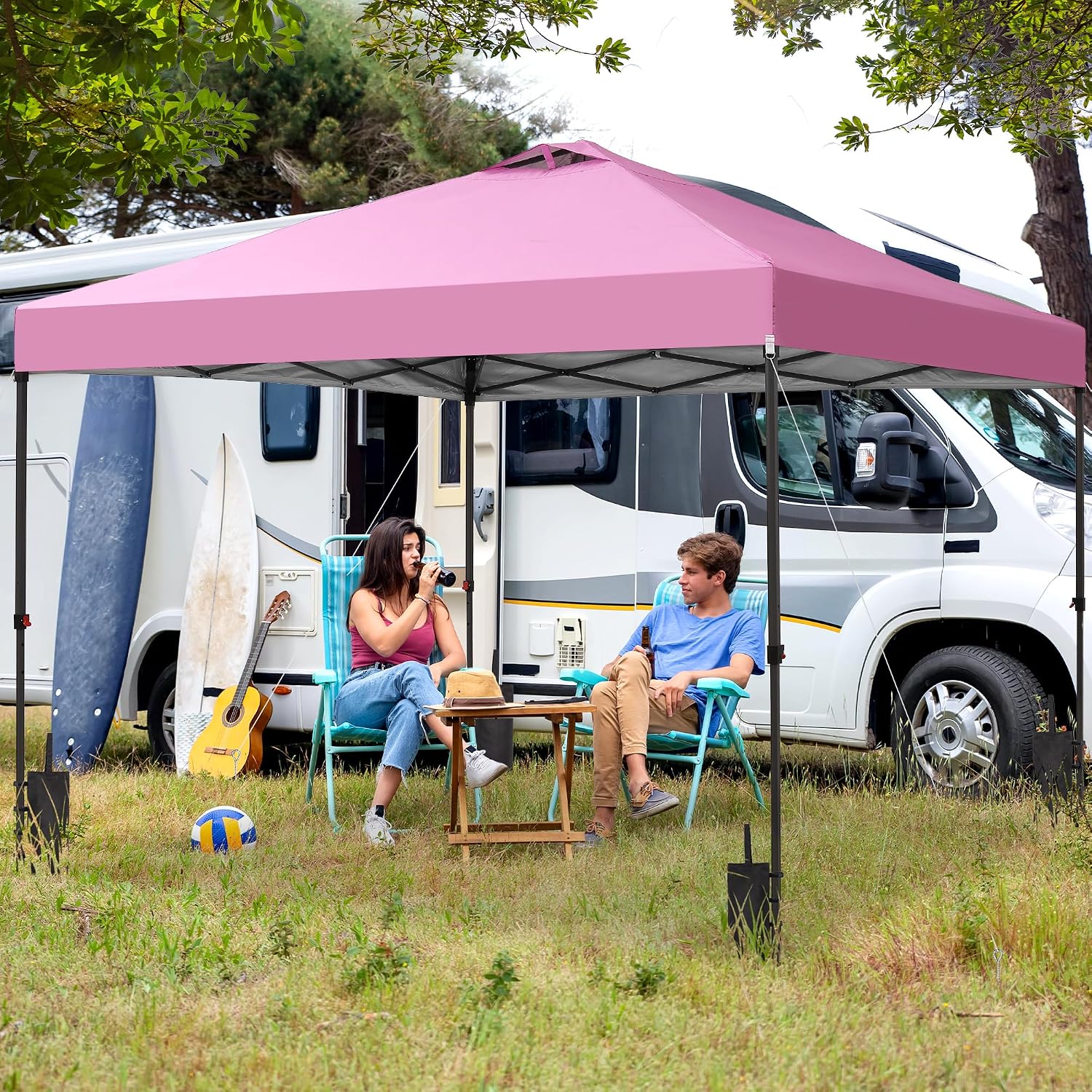 GDY 12x12 Pop Up Canopy Patio Carpas, One Push Set up with Central Lock Canopy with Wheeled Carry Bag, Included 4 Sandbaogs,8 Stakes and 4 Ropes, Pink