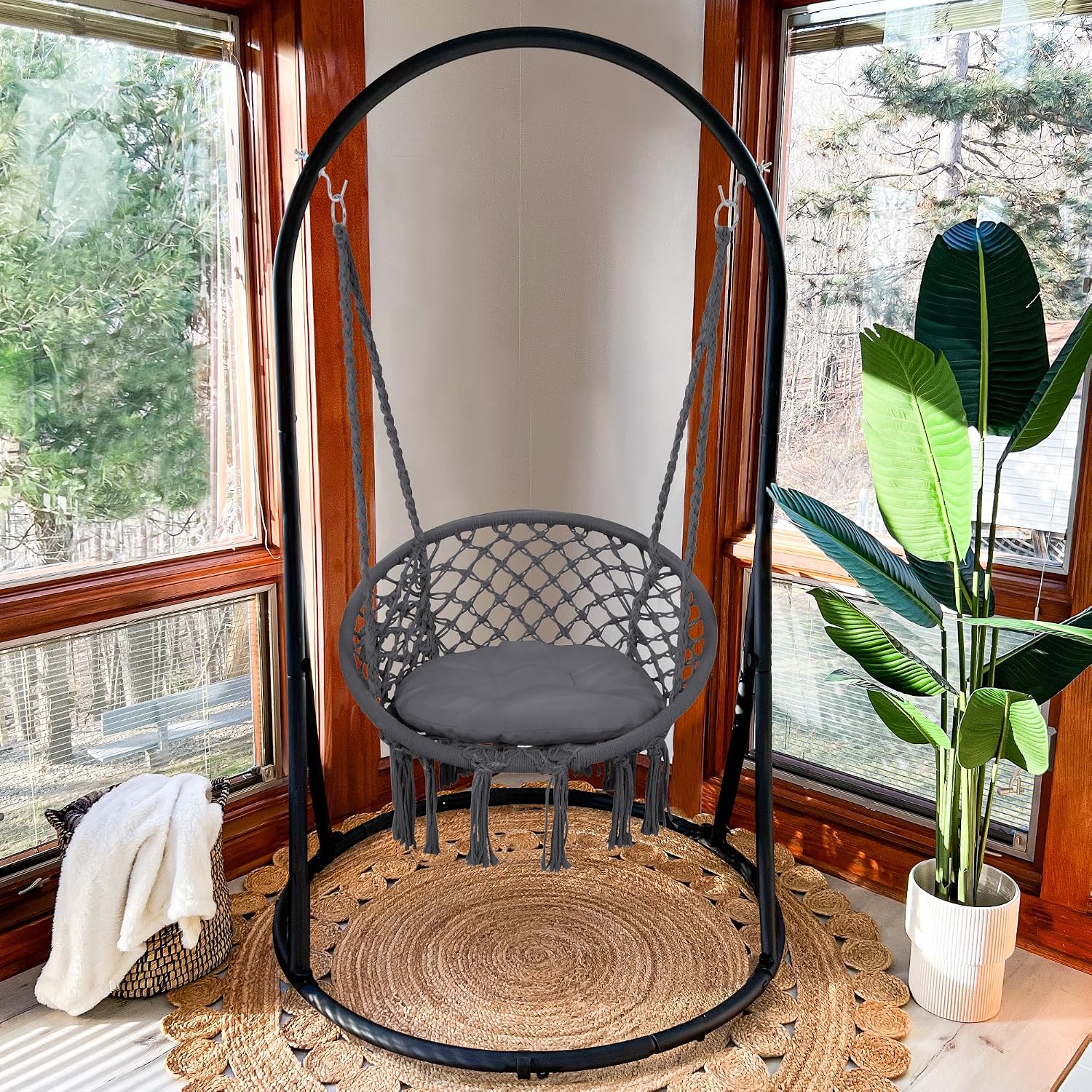 SUNCREAT Indoor Hammock Swing Chair with Stand, Hanging Chair Outdoor with Stand, 330 lbs Capacity, Patent Pending, Grey