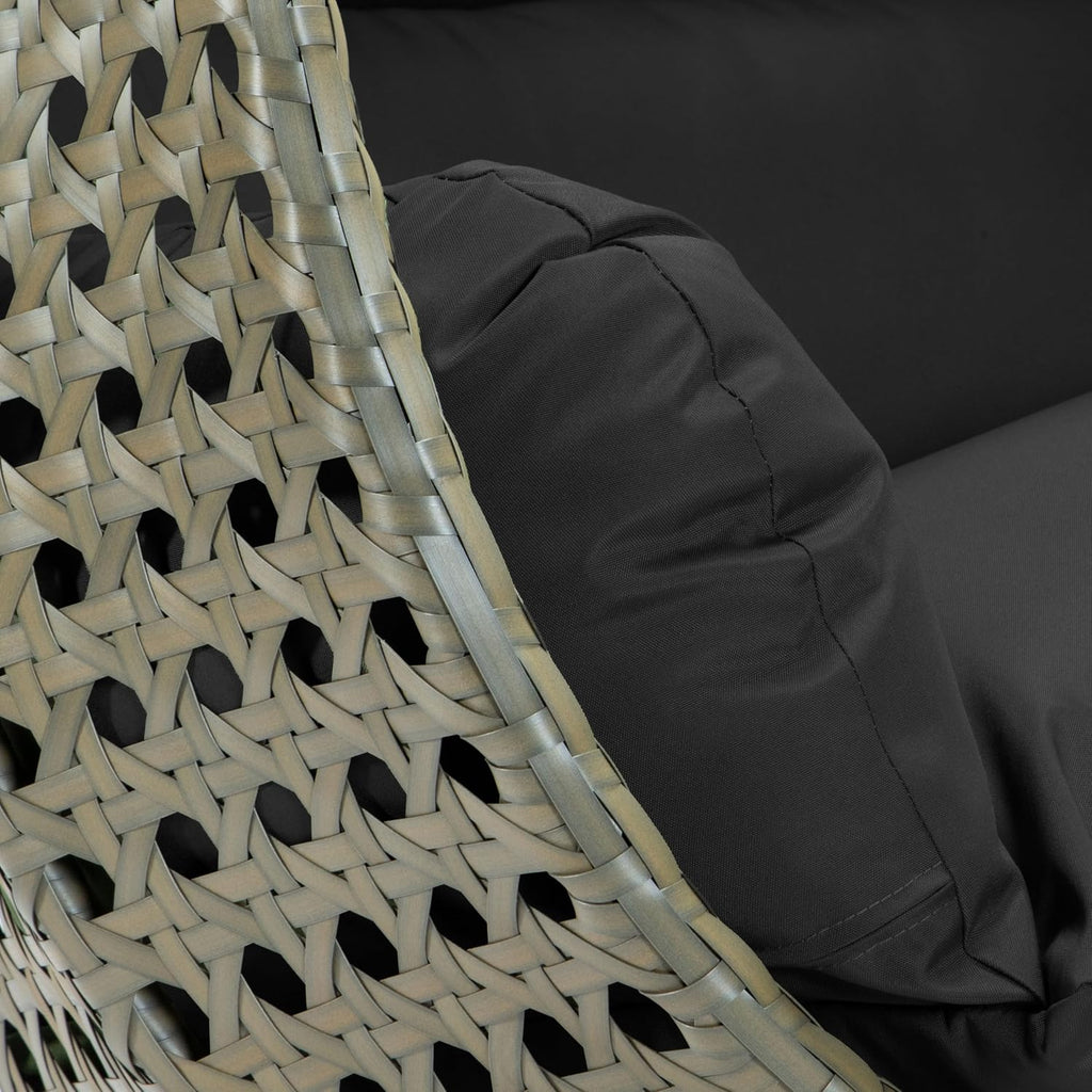 LeisureMod Black Wicker 2 Person Egg Swing Chair with Beige Stand and Cushions – Double Hanging Hammock Lounge for Patio, Indoor & Outdoor Use
