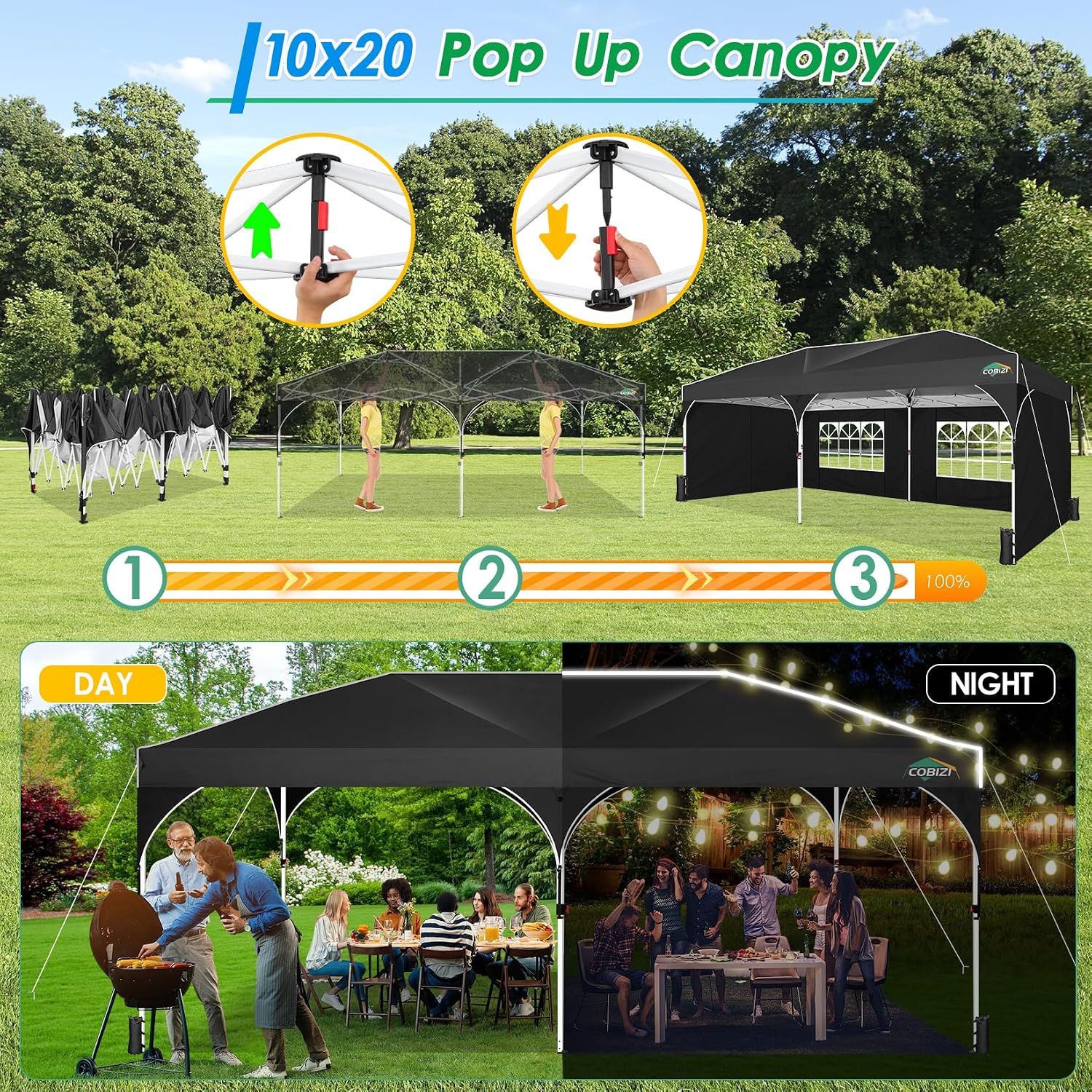 COBIZI 10x20 Pop up Canopy Tent with 4 Sidewalls Outdoor Canopy Tent for Party with Push Center Lock & Air Vent, 2000mm+Waterproof Gazebo Canopy UPF 50+with 4 Sandbags,12 Stakes & 6 Ropes,Black