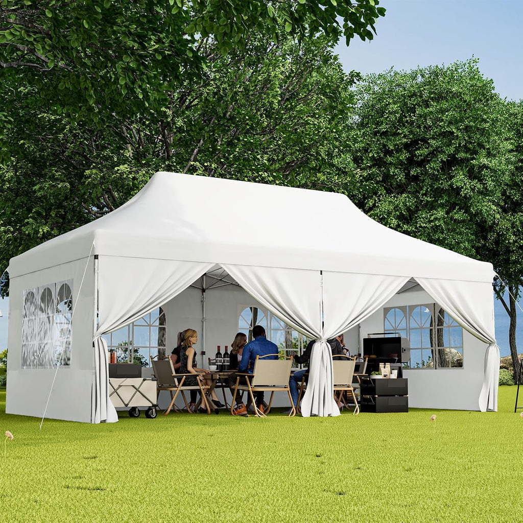 HAPPYGRILL 10x20FT Pop-up Canopy with Detachable Sidewalls, Instant Canopy Tent with Carrying Bag, UPF50+ Sun Protection, Easy Setup Gazebo for Outdoor Party Wedding, White