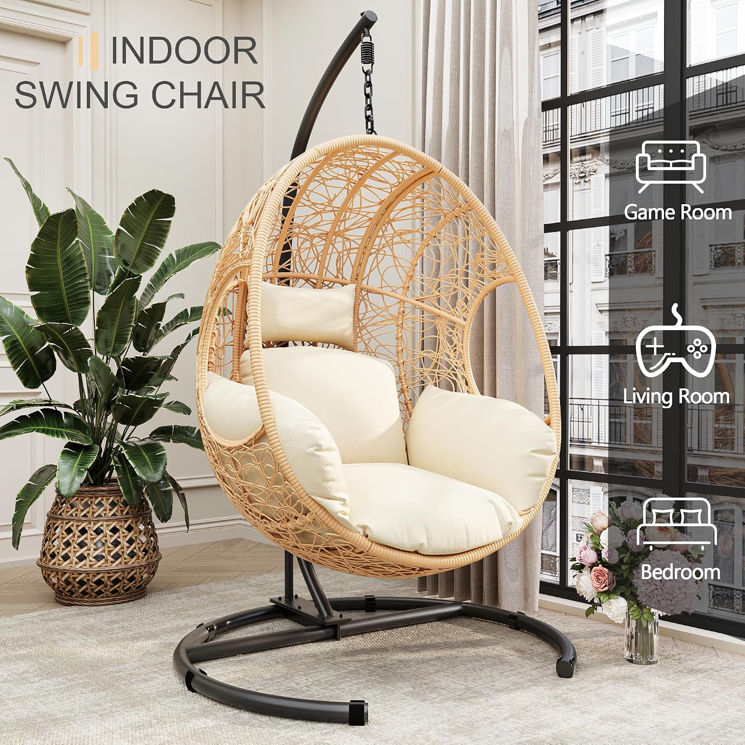 Oversized Hanging Egg Chair Set of 2 Outdoor Indoor, Wicker Swing Egg Chair with Stand 400lbs Capacity for Bedroom, Patio, Garden and Balcony