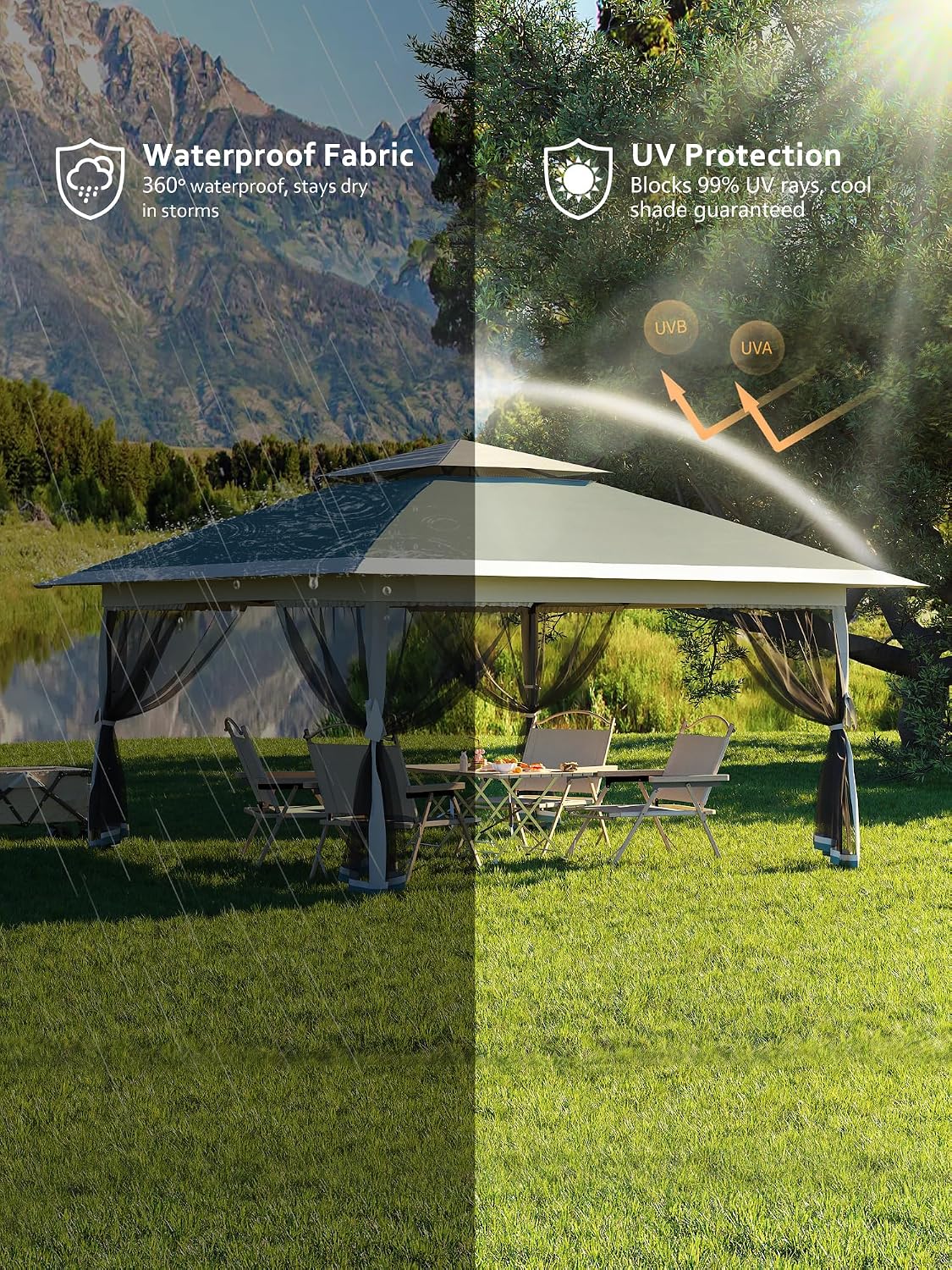 Garvee 13x13FT Pop Up Gazebo, Canopy Tent with Mosquito Netting,Outdoor Gazebos for Backyard & Patio Furniture - Pop Up Tent with Wheeled STO-N-Go Cover Bag (Dark Army Green+Hemp Grey)