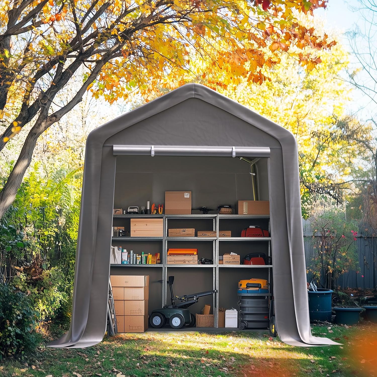 Quictent 6x8FT Garden Tool Shed Storage Shelter with Roll-Up Mesh Windows, Heavy Duty Portable Garage for Lawn Mower, Garden Tools Waterproof Storage Tent with Reinforced Frame, Sliver Gray