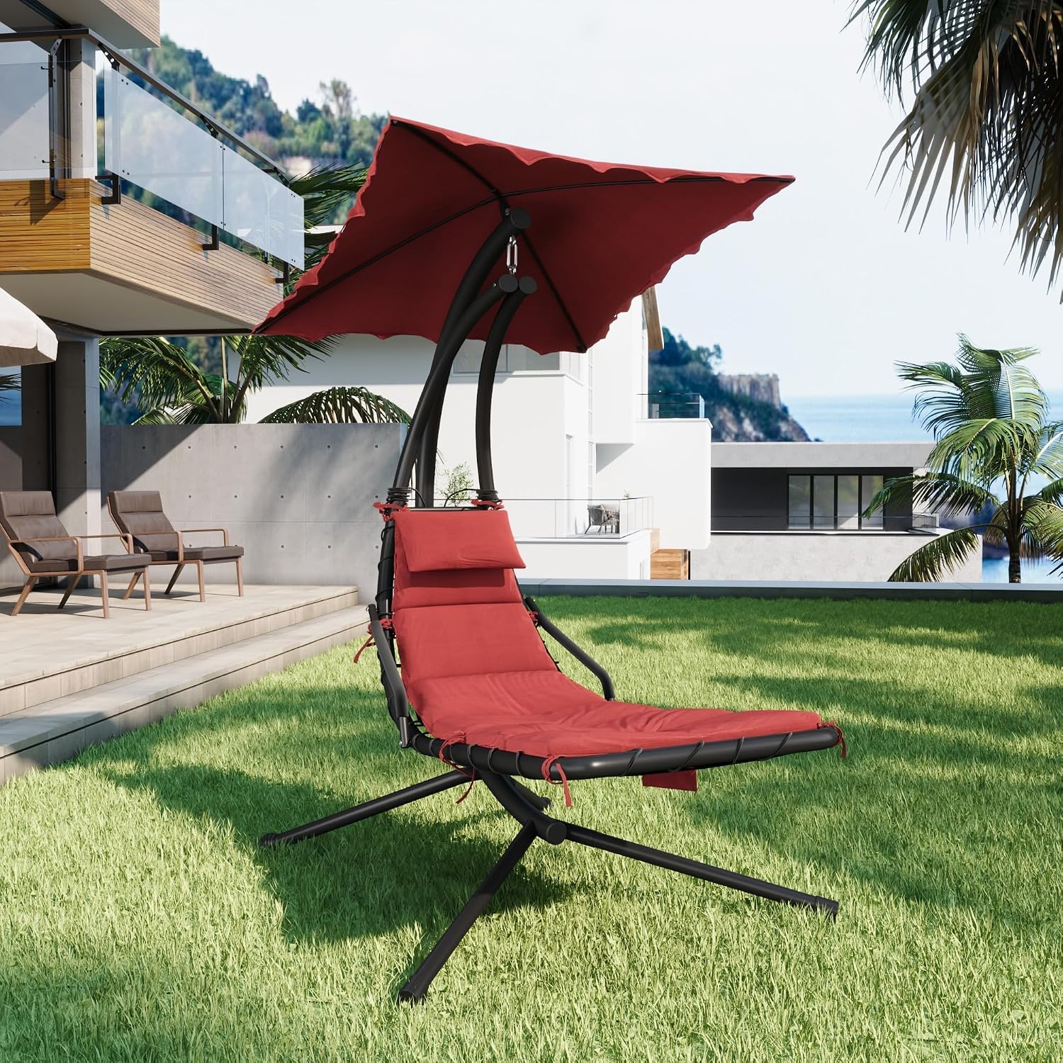 GarveeLife Chaise Lounger Swing Chair with Umbrella Canopy, Patio Hanging Chaise Lounger Chair with Stand, Curved Steel Outdoor Lounge Chairs for Indoor Patio Pool Garden Backyard Porch