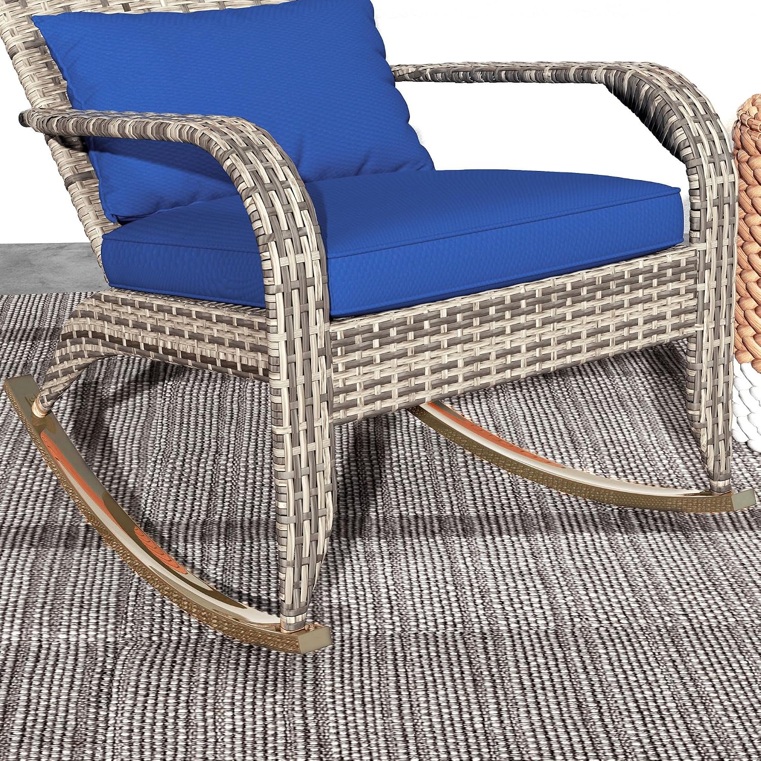 Outsunny Outdoor Wicker Adirondack Rocking Chair, Patio Rattan Rocker Chair with High Back, Seat Cushion, and Pillow for Garden, Porch, Balcony, Dark Blue