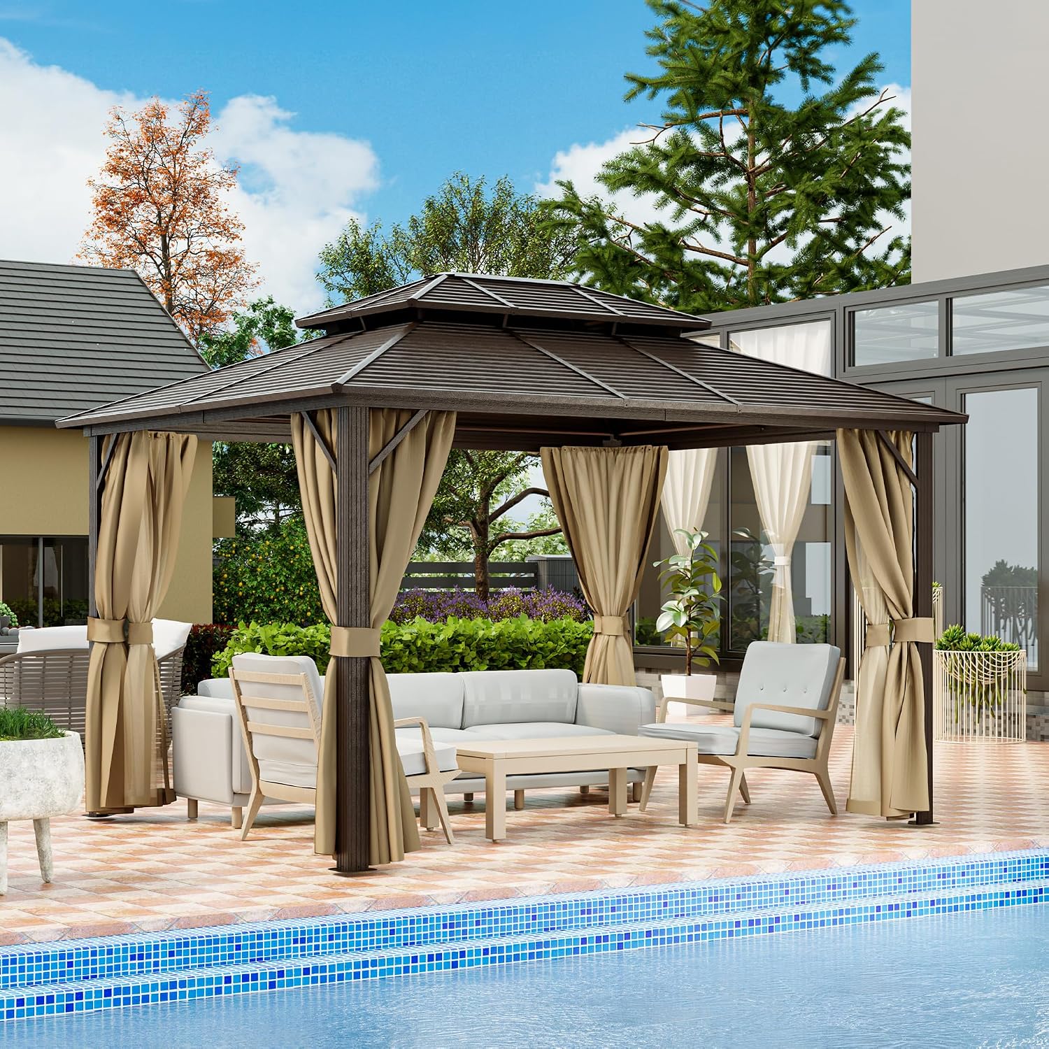 HAPPATIO 10' x 12' Hardtop Gazebo with Aluminum Frame, Outdoor Gazebo Hardtop with Galvanized Steel Double Roof for Deck, Backyard, Patio, Lawns (Brown)
