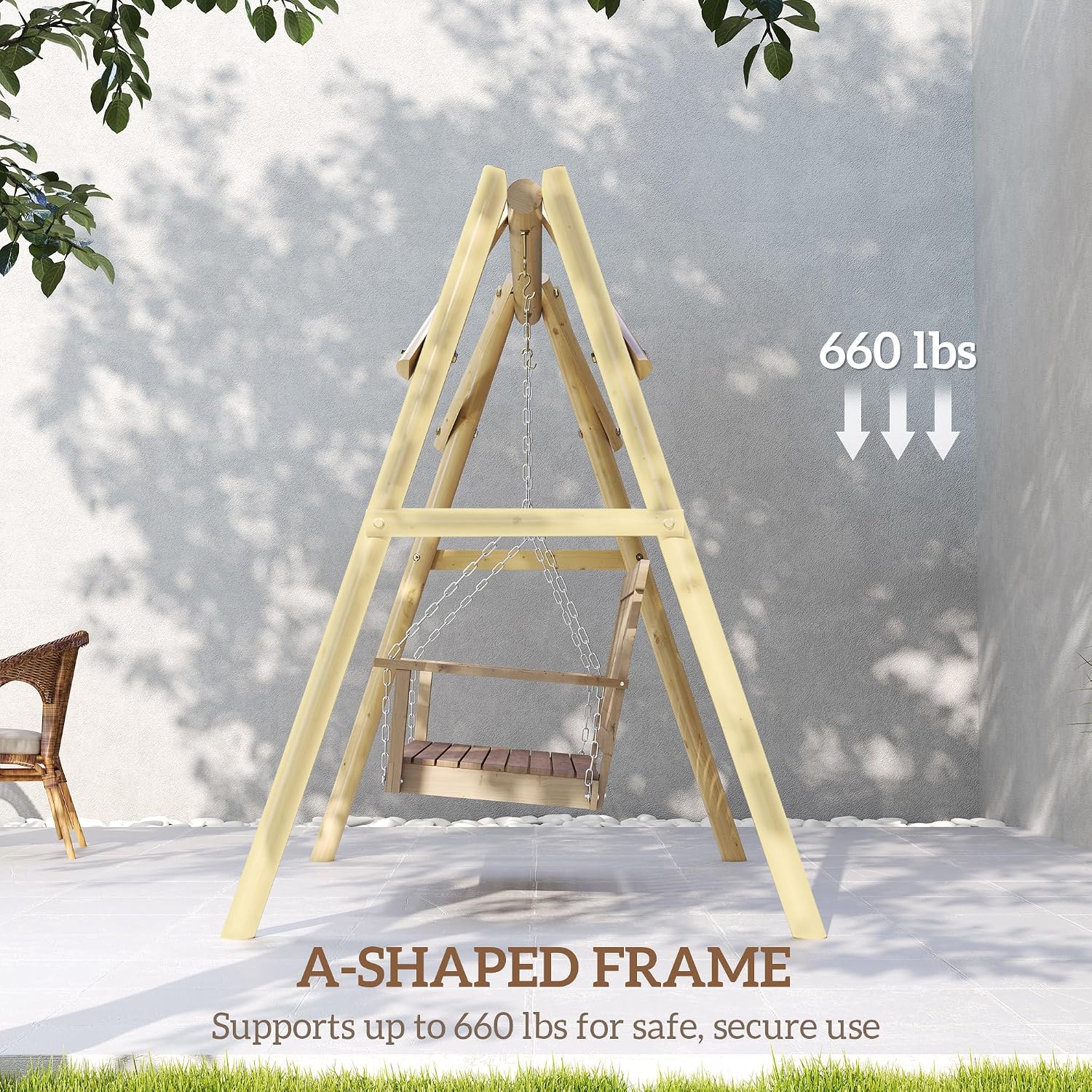 Outsunny 660 lbs Porch Swing Frame, Heavy Duty A-Frame Wooden Swing Stand for DIY Painting, Freestanding Hanging Chair Stand Only for Porch, Lawn, Garden, Backyard, Natural Wood