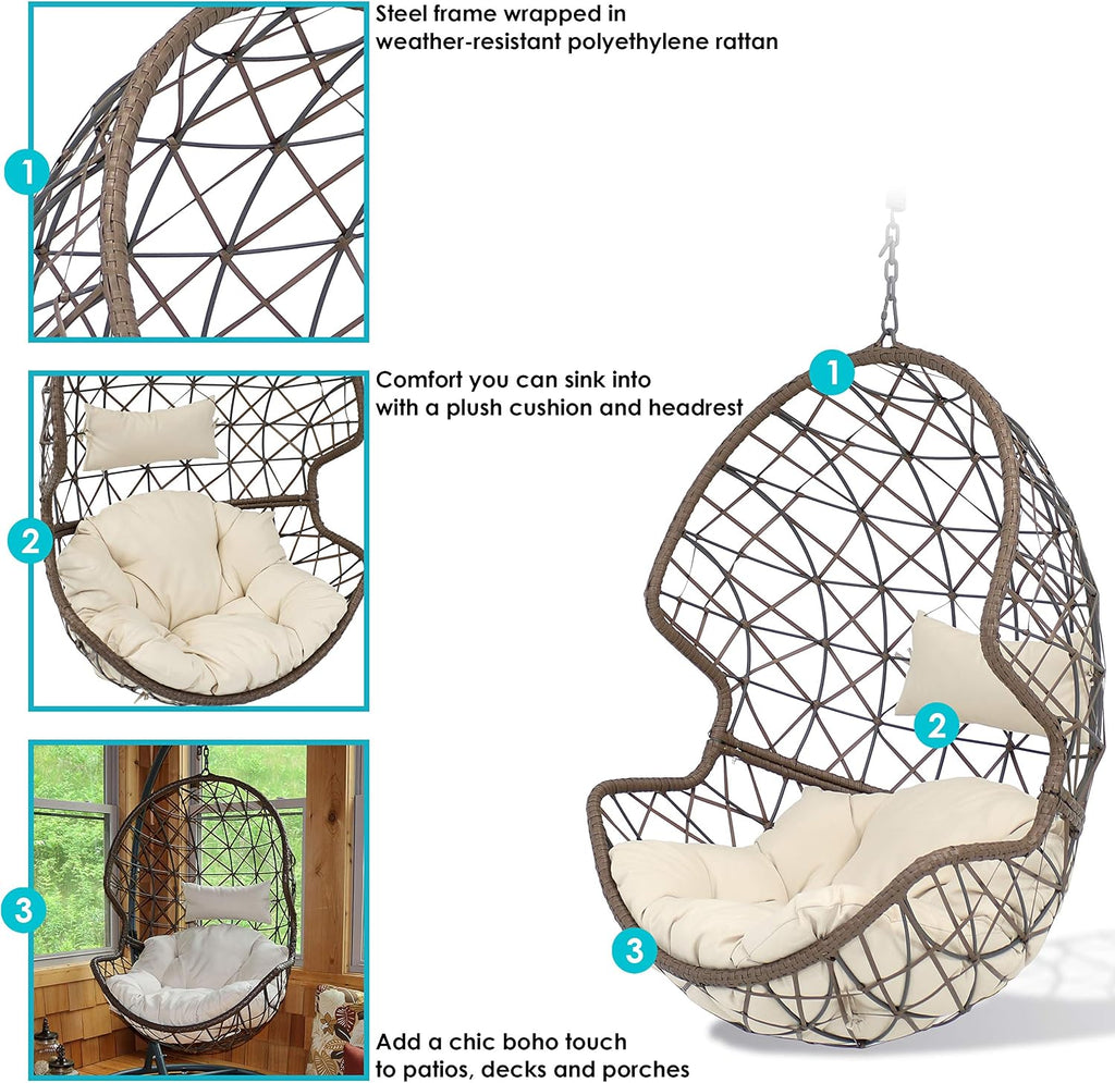 Sunnydaze Danielle Hanging Egg Chair - Resin Wicker Basket Design - Outdoor Use - Includes Beige Cushion