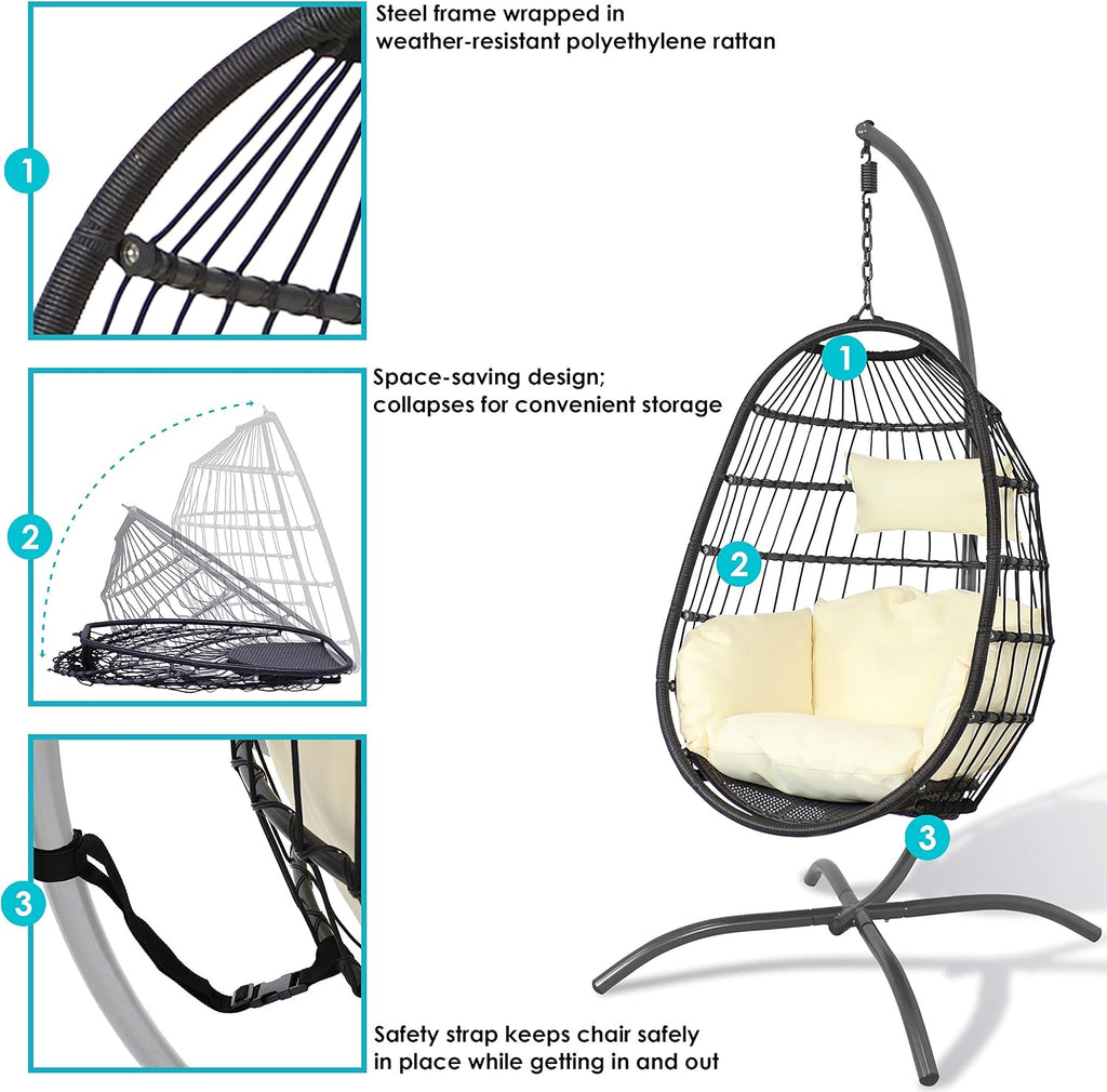 Sunnydaze Penelope Hanging Egg Chair with Cream Seat Cushions and Steel Stand - Black Wicker Chair - 78-Inch