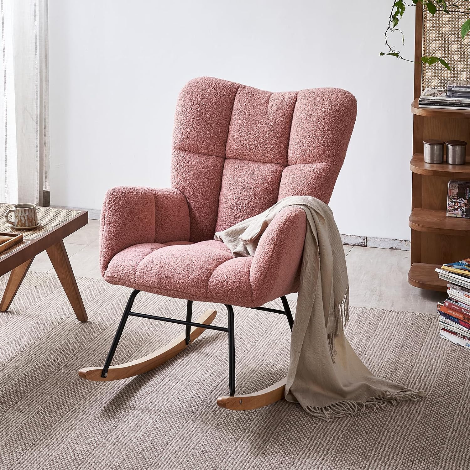Rocking Chair Nursery, High Backrest Teddy Glider Rocker Upholstered Rocker Recliner Modern Rocking Accent Chairs for Bedroom, Living Room, Offices (Pink)