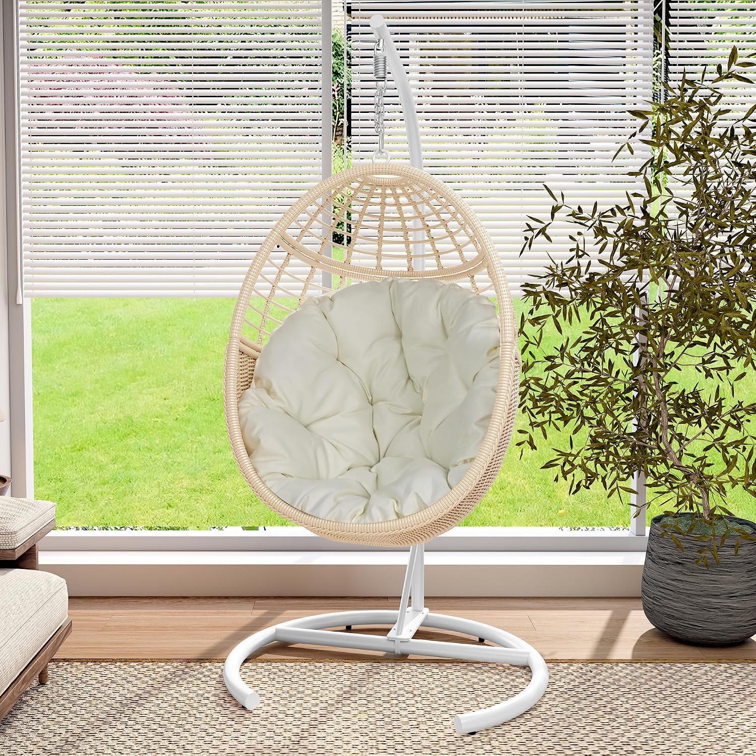 TWT Hanging Egg Chair with Stand, 330lbs Capacity Patio Wicker Egg Swing Chair with UV Resistant Cushion for Bedroom Garden Indoor Outdoor (Beige)