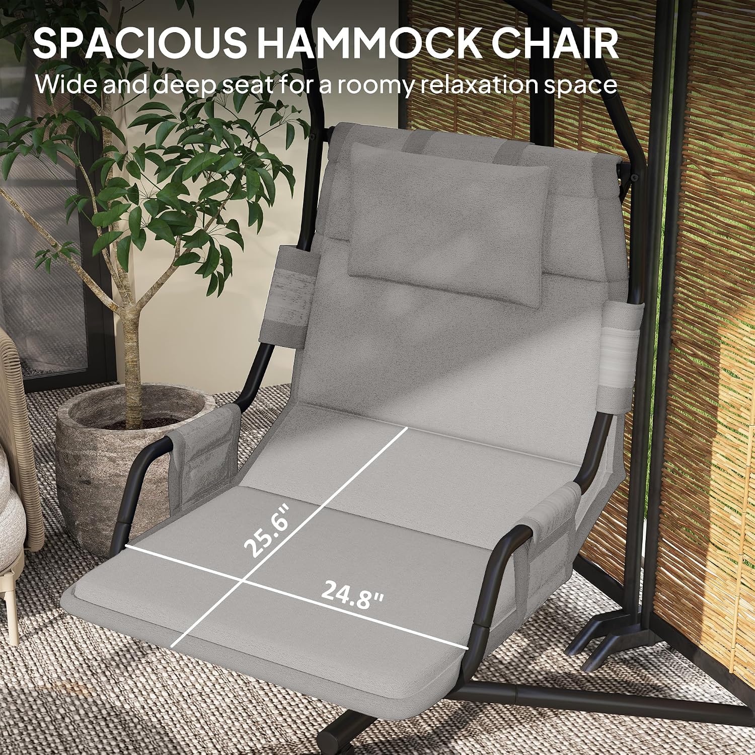 Outsunny Hammock Chair with Stand, Hammock Swing with PA Coating Oxford Fabric Cushion, Indoor Outdoor Hanging Chair with Chain, Steel Frame for Bedroom, Patio, Balcony, Gray