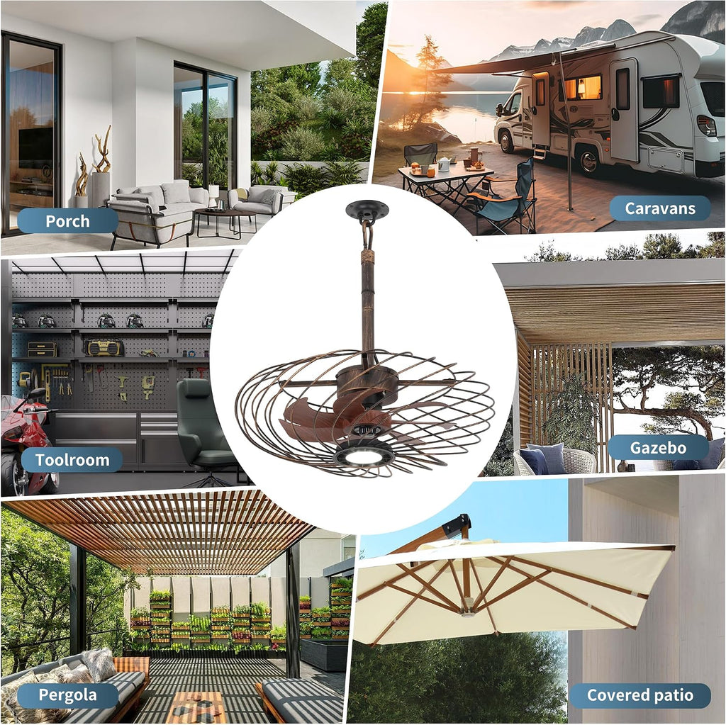 20' Outdoor Ceiling Fan with Light, Waterproof Gazebo Fan Remote Control, Dimmable LED Light, Hanging Black Caged Ceiling Fixtures with Plug in Cord for Patios Pergola, Black Gold
