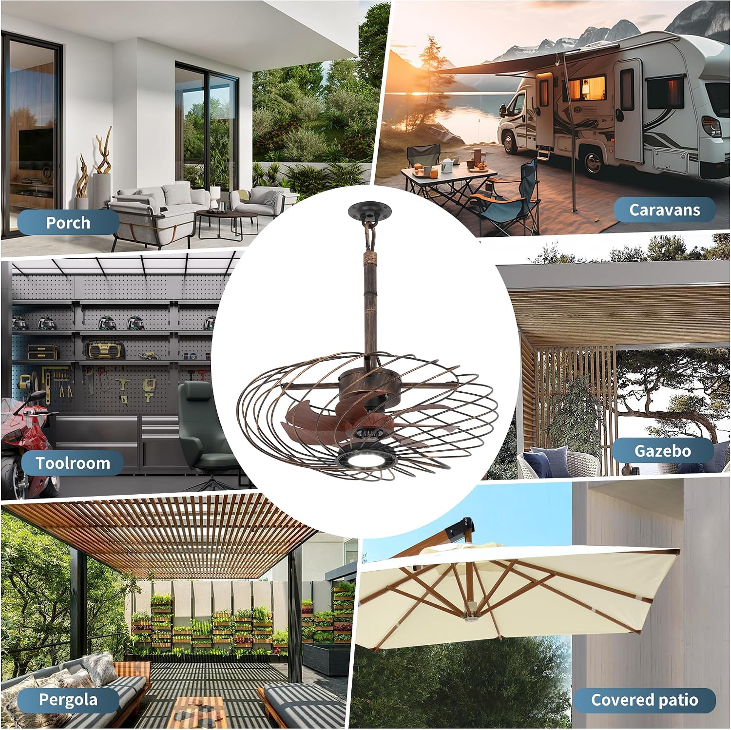 20' Outdoor Ceiling Fan with Light, Waterproof Gazebo Fan Remote Control, Dimmable LED Light, Hanging Black Caged Ceiling Fixtures with Plug in Cord for Patios Pergola, Black Gold