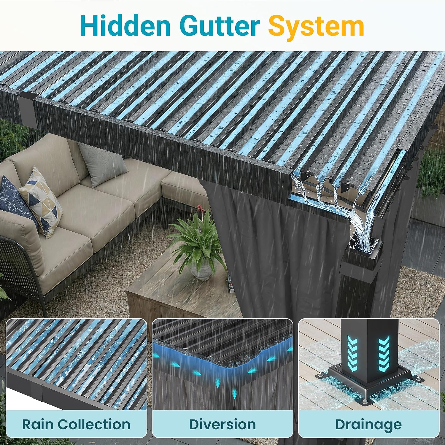 10' x 12' Louvered Pergola, Outdoor Pergola with Curtains & Netting, Metal Patio Pergola with Adjustable Louvers Roof and Gutter System, Metal Hardtop Gazebo for Patio, Deck, Garden, Yard, Dark Gray