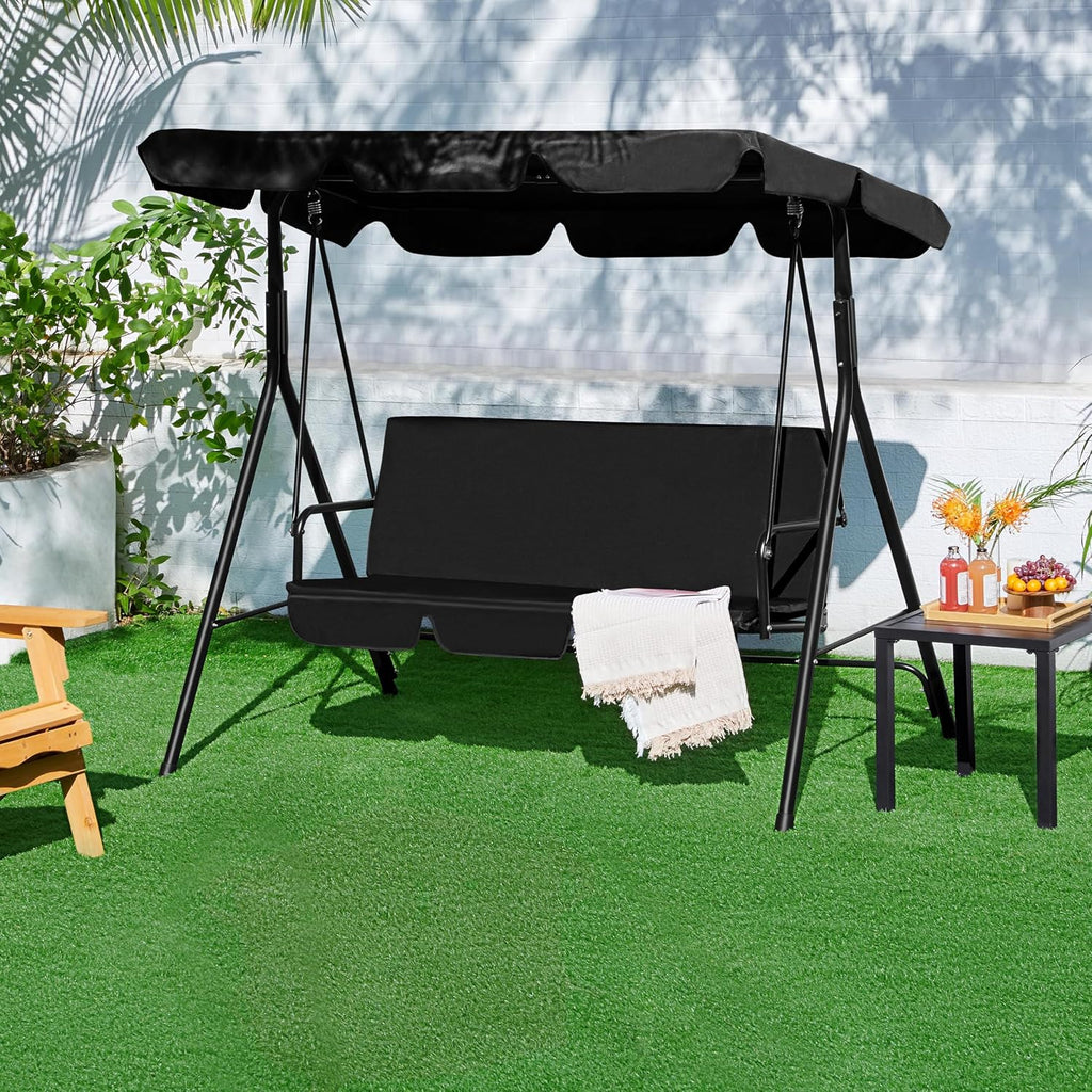Yaheetech 3-Seat Patio Swing Chair, Outdoor Canopy Porch with Adjustable Canopy & Removable Cushion, Hanging Glider Lounge Chair for Patio, Garden, Yard, Porch - Black