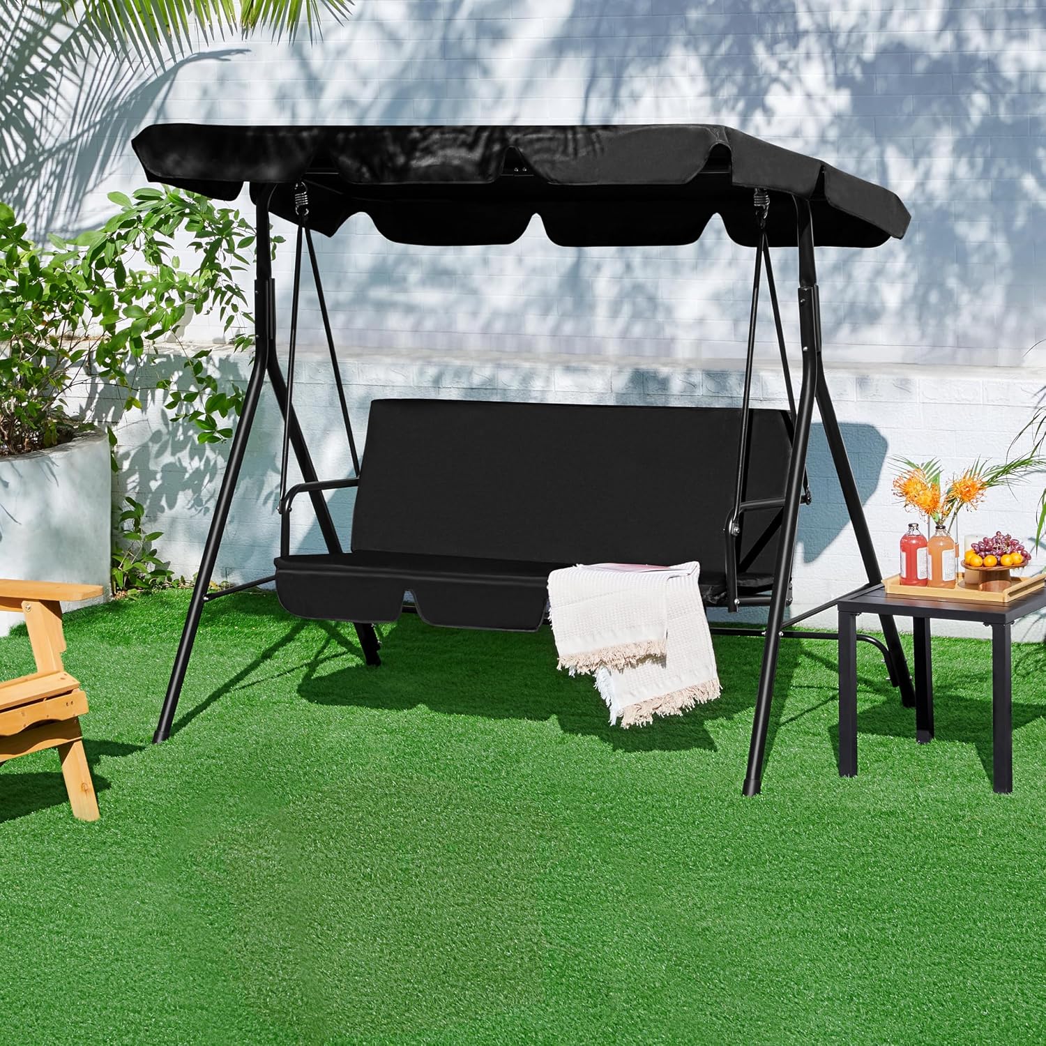 Yaheetech 3-Seat Patio Swing Chair, Outdoor Canopy Porch with Adjustable Canopy & Removable Cushion, Hanging Glider Lounge Chair for Patio, Garden, Yard, Porch - Black