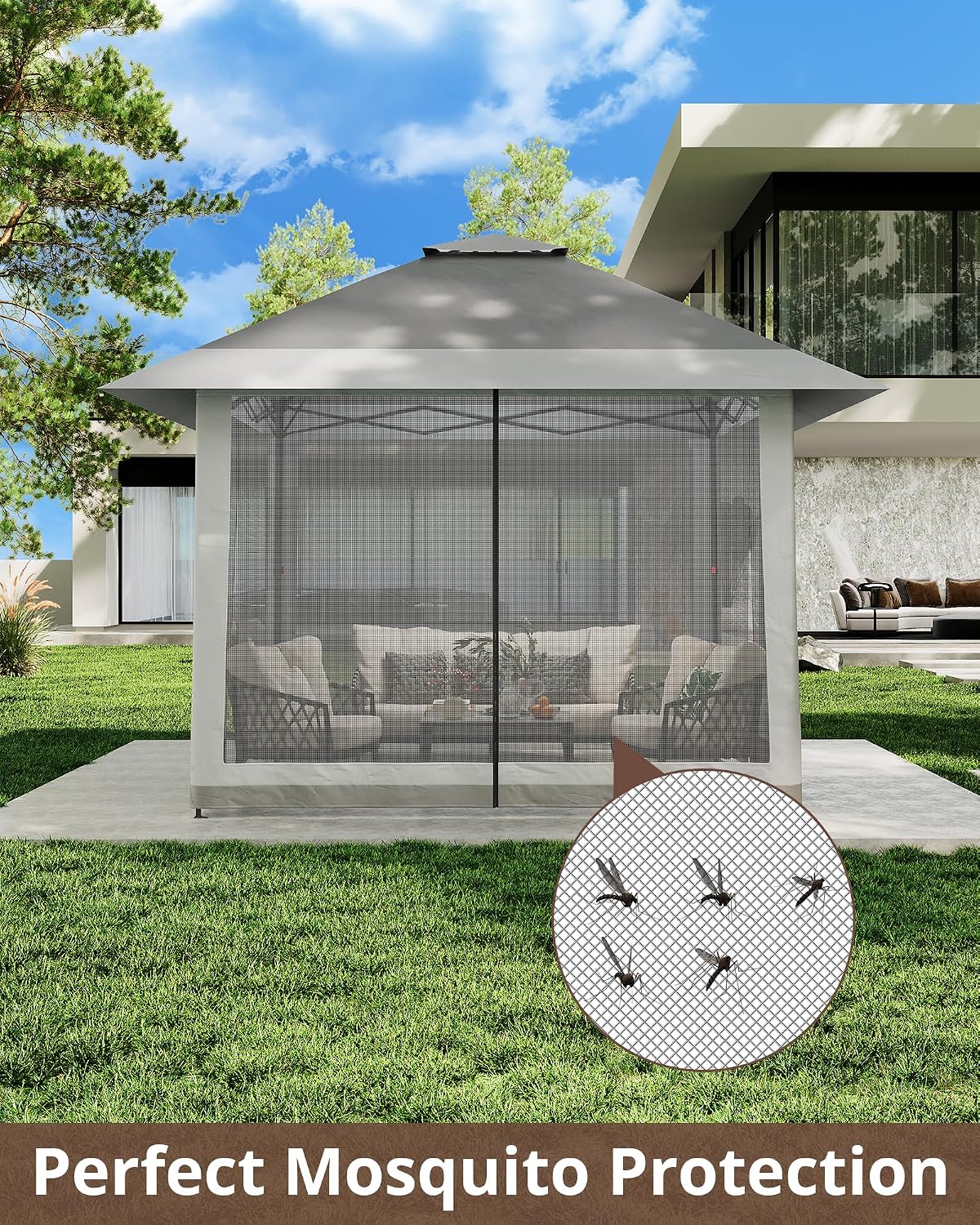 13'x13' Pop Up Gazebo, Outdoor Canopy Tent with Mosquito Netting, Pop Up Canopy with Double Roof Design & Adjustable Height, UV-Resistant Patio Gazebo Sunshade for Graden/Backyard/Lawn/Beach (Gray)