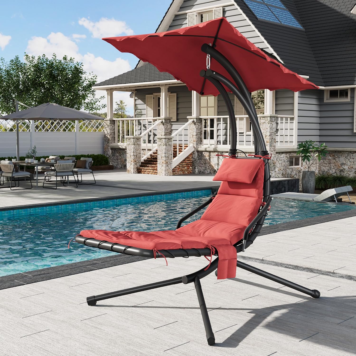 Hanging Chaise Lounge Swing Chair, Hanging Curved Chaise Lounge Chair Umbrella, Curved Steel Hammock Lounger Chairs for Outdoor Indoor Patio Pool Garden Backyard Porch